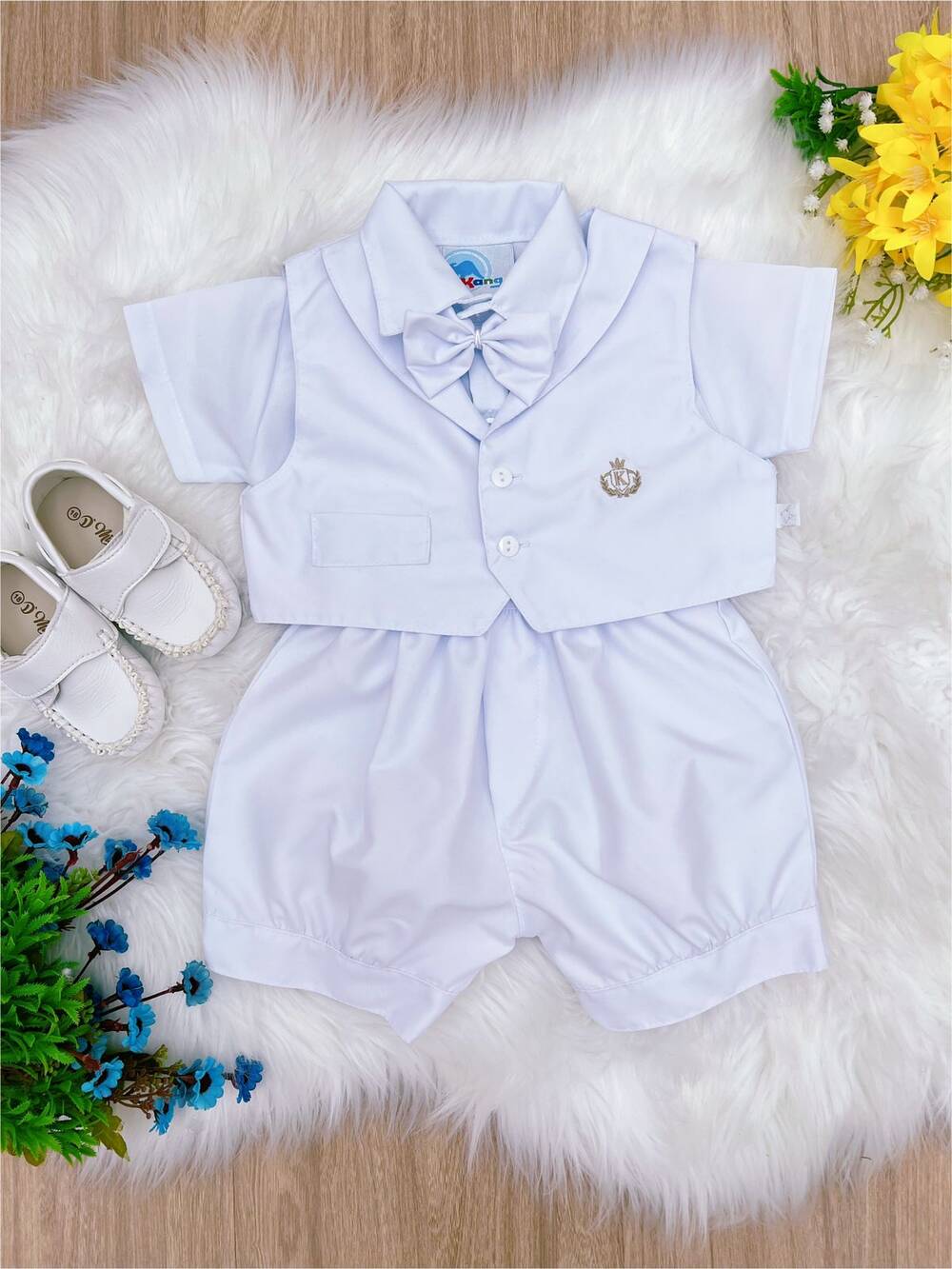 Conjunto Social Short Camisa Gravata Branco Com Suspensório