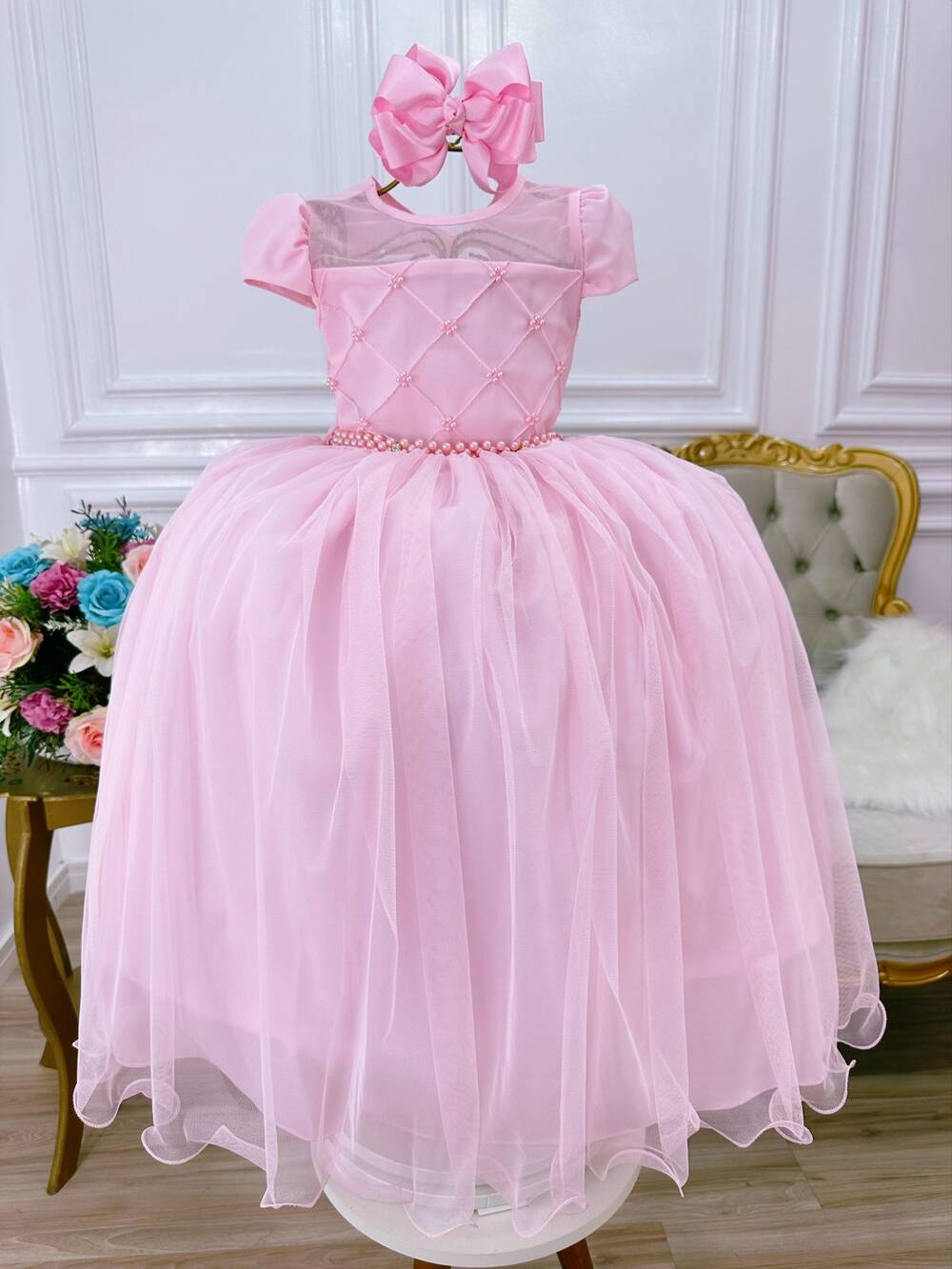 Vestido Infantil Rosa Bebê C/ Busto Nervura e Pérolas Damas