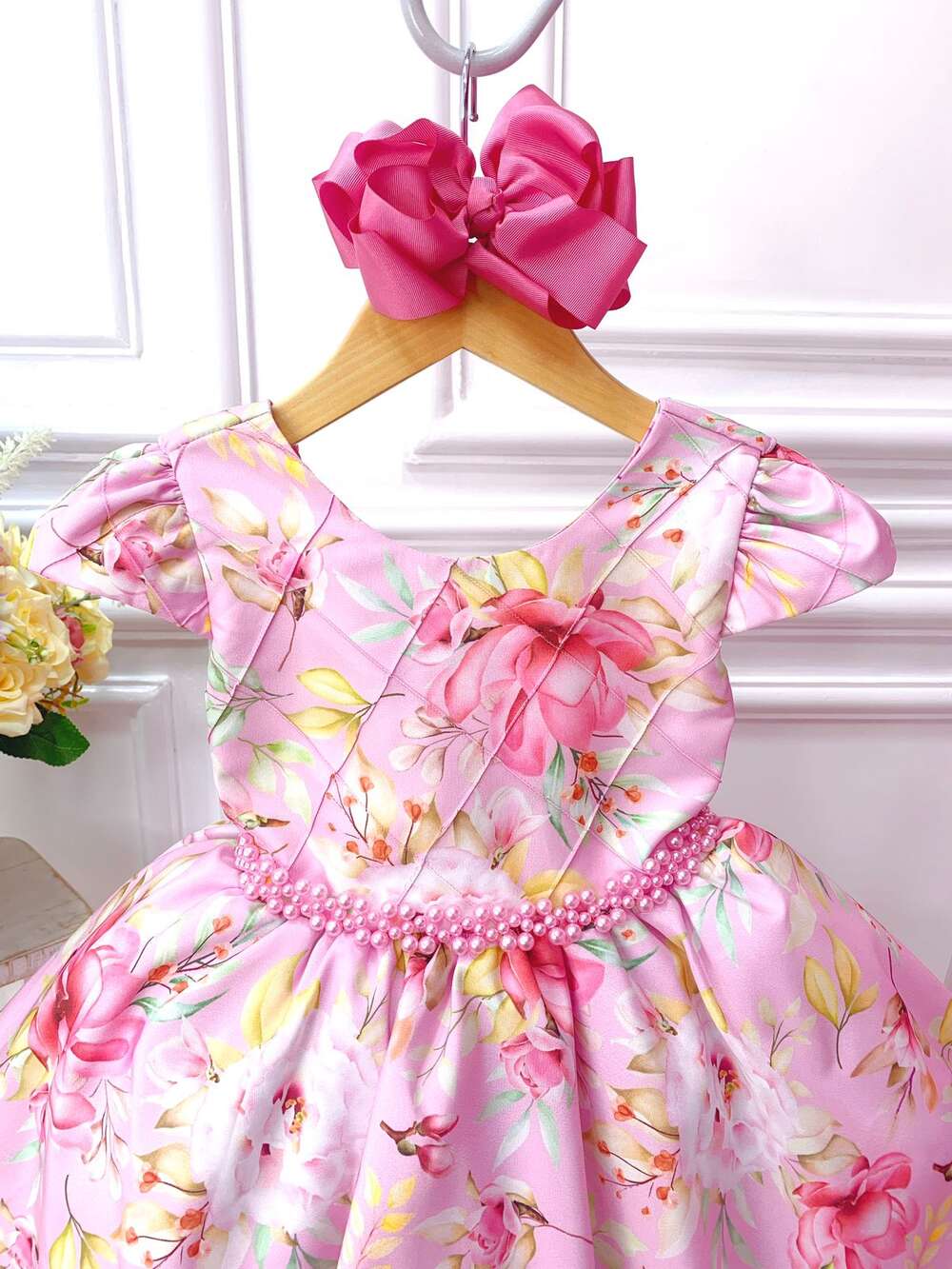 Vestido Infantil Rosa Peito Nervura Florido C/ Cinto Pérolas