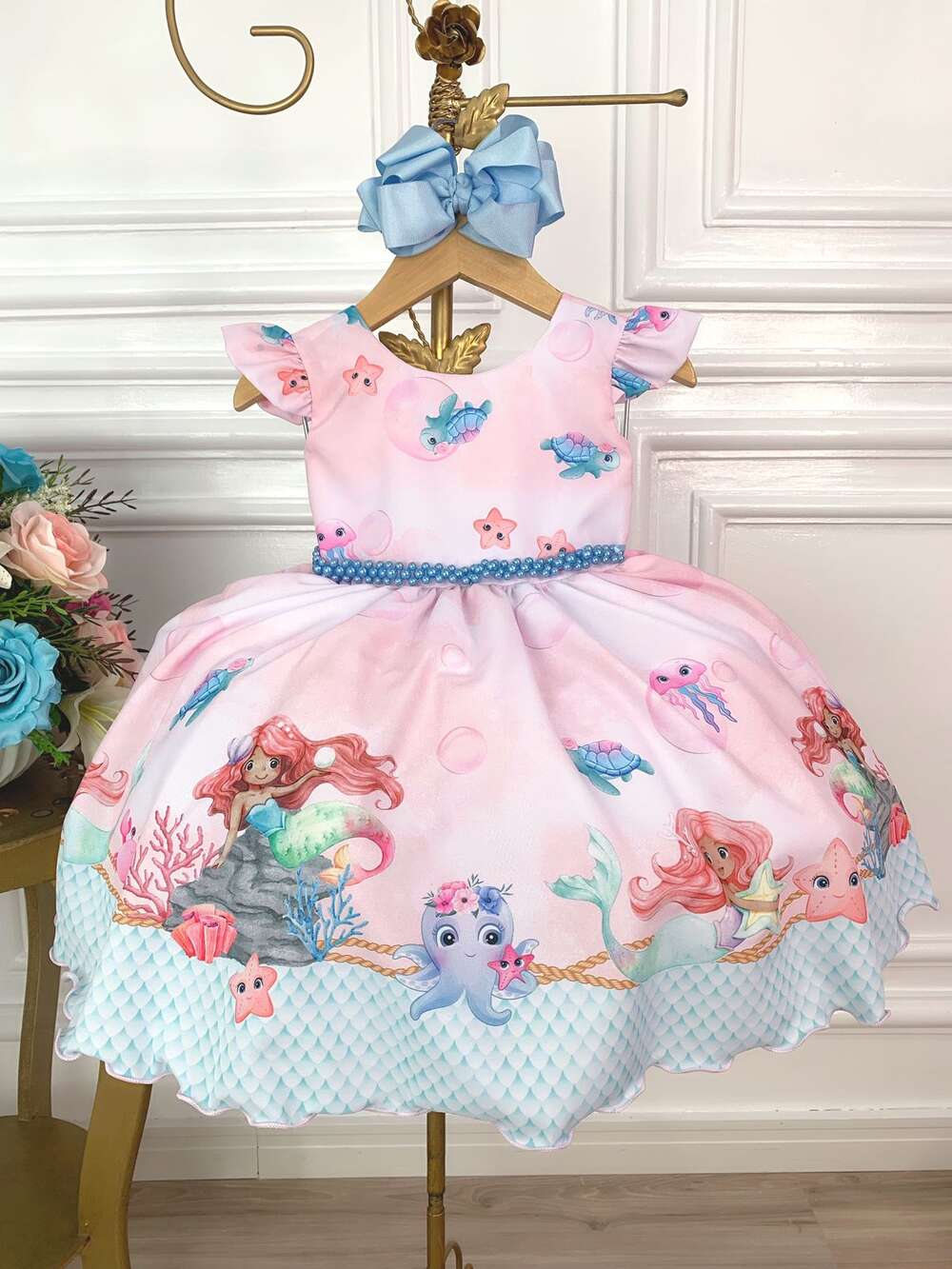 Vestido Infantil Princesa Sereia Ariel e Amigos C/ Pérolas