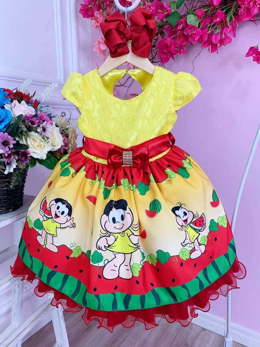 Vestido Infantil Magali Melancias Amarelo C/ Renda Strass