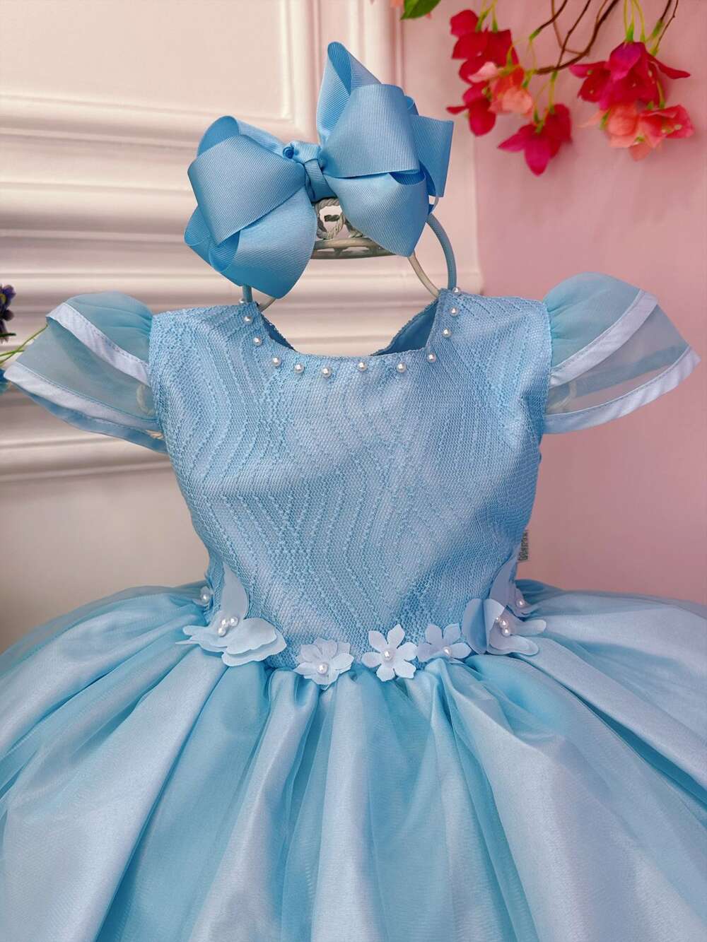 Vestido Infantil Azul C/ Aplique Flores Borboletas e Renda