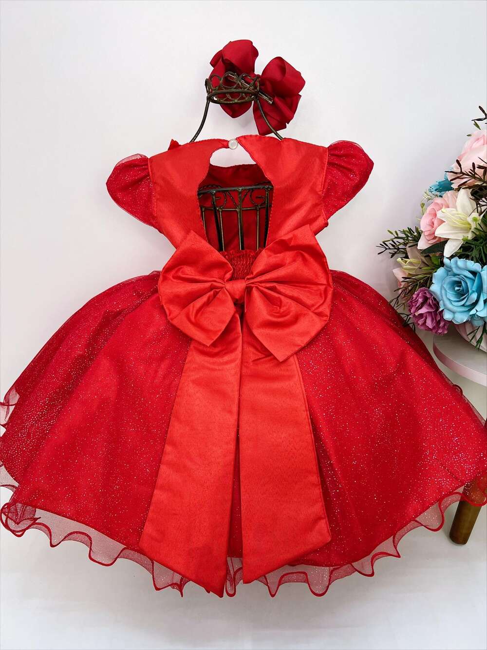 Vestido Infantil Vermelho Aplique de Borboletas Flor Brilho