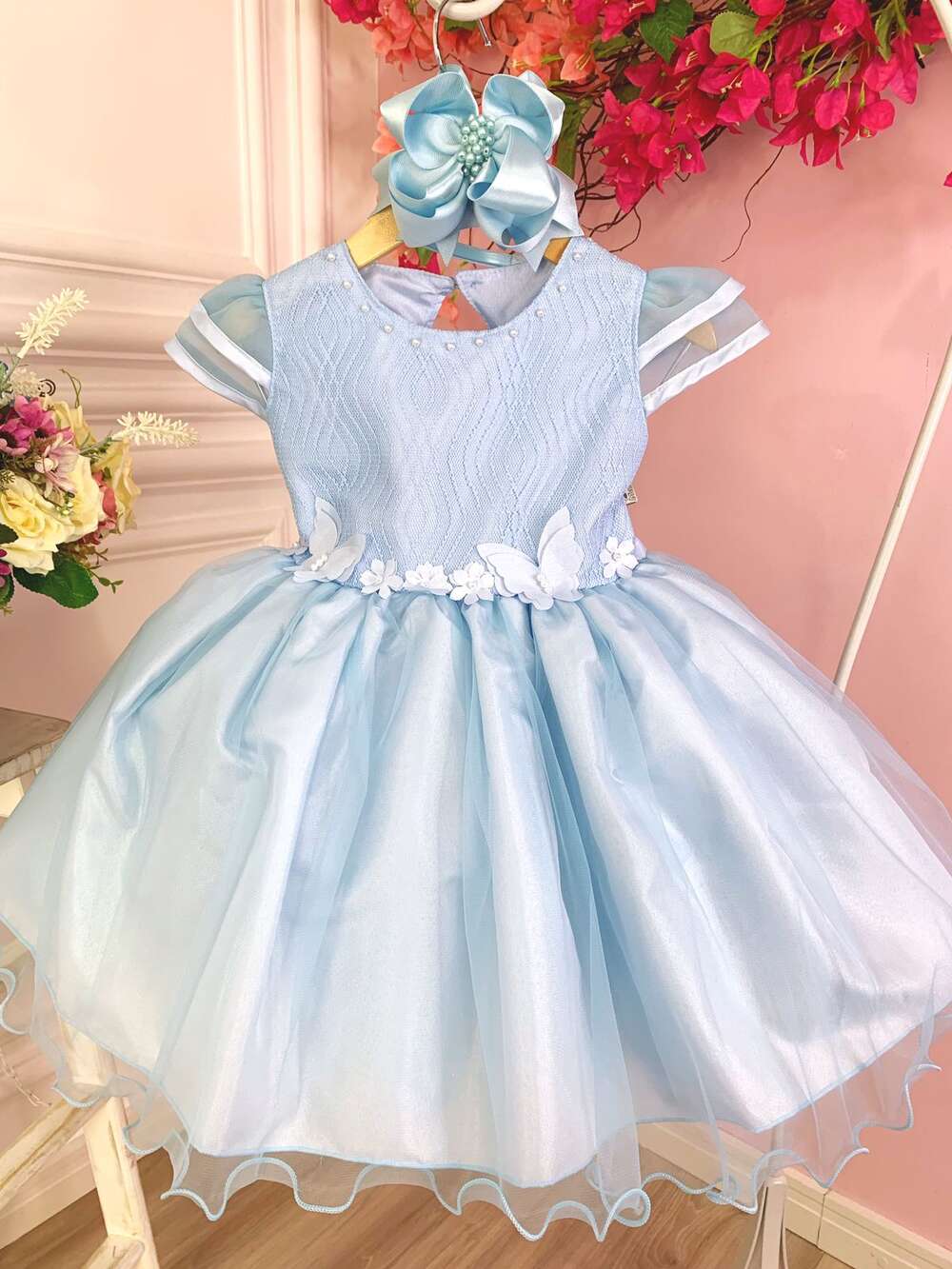 Vestido Infantil Azul C/ Aplique Flores Borboletas e Renda