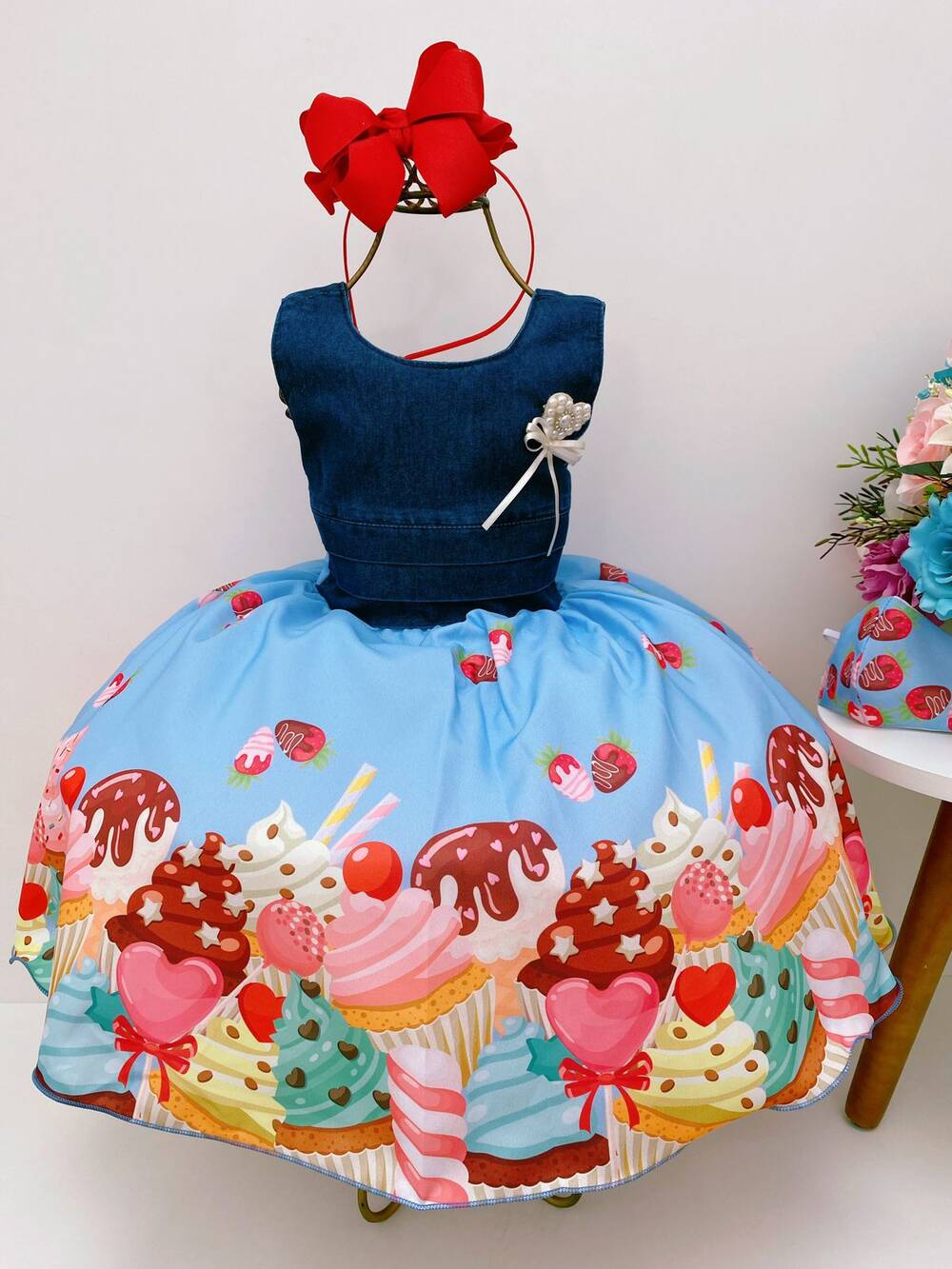 Vestido Infantil Jeans Saia Azul Doces Confeitaria