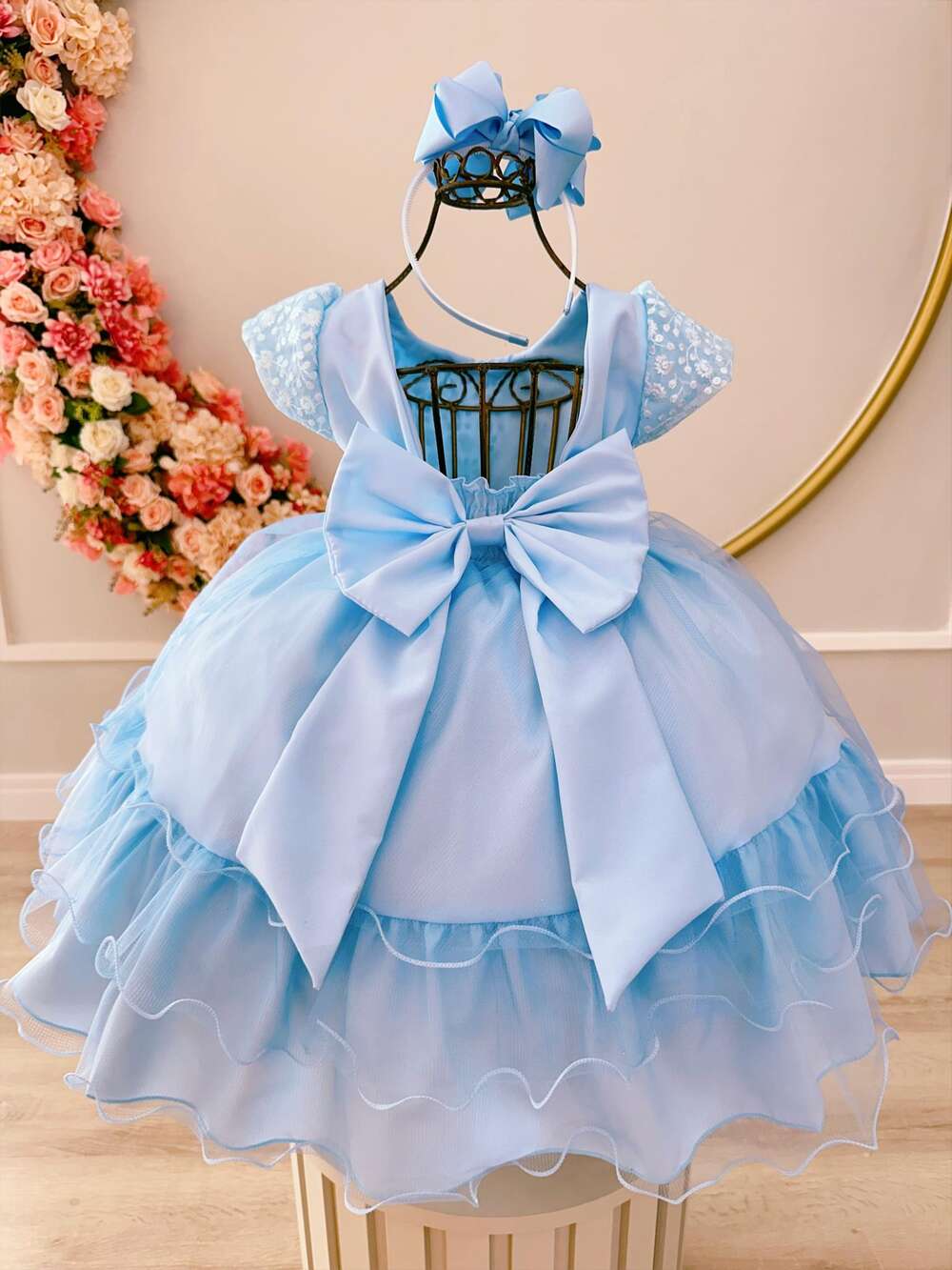 Vestido Infantil Azul Claro C/ Renda Cinto de Pérolas Festas