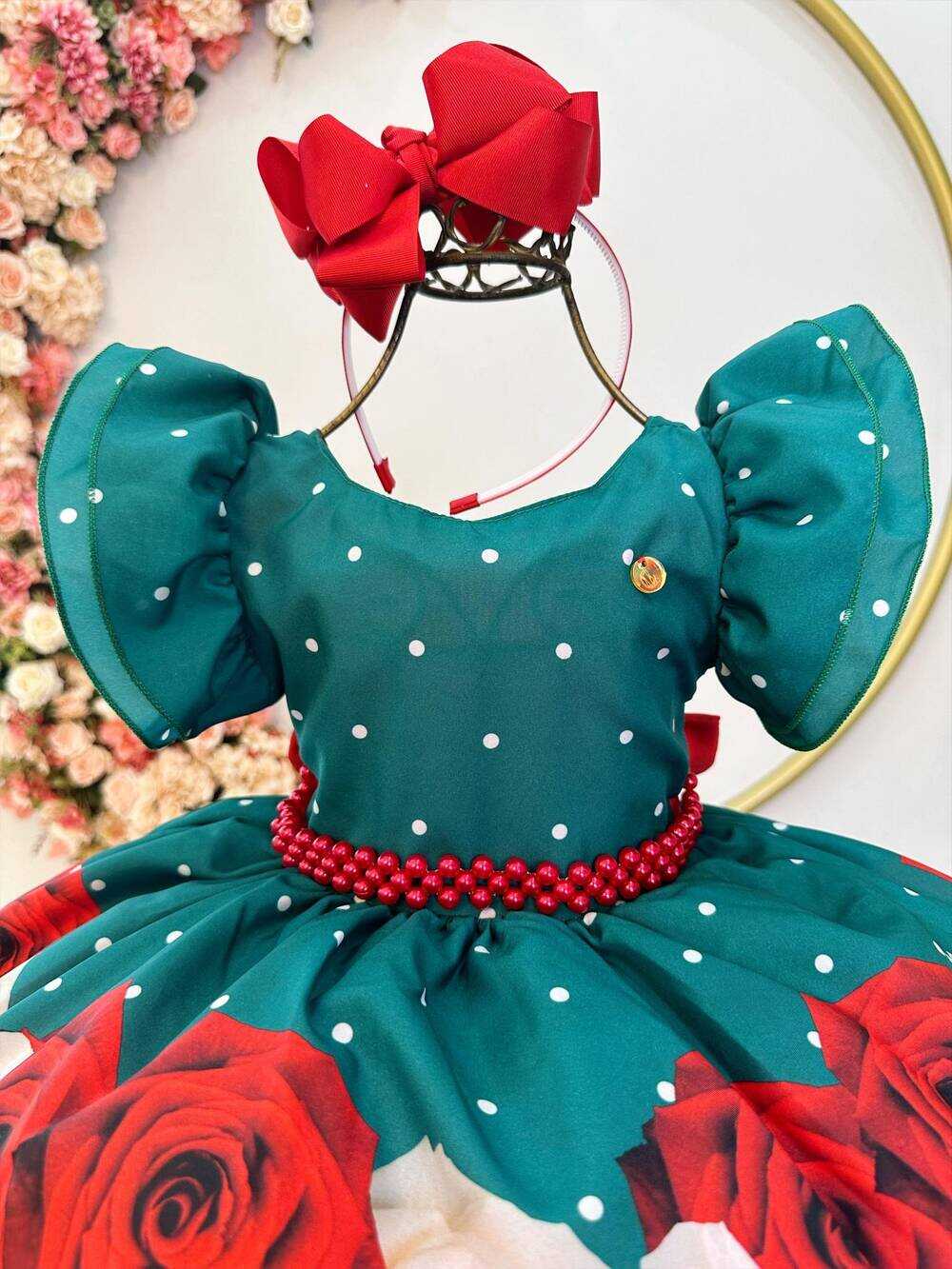 Vestido Infantil Verde Florido C/ Cinto Pérolas Natal Festas