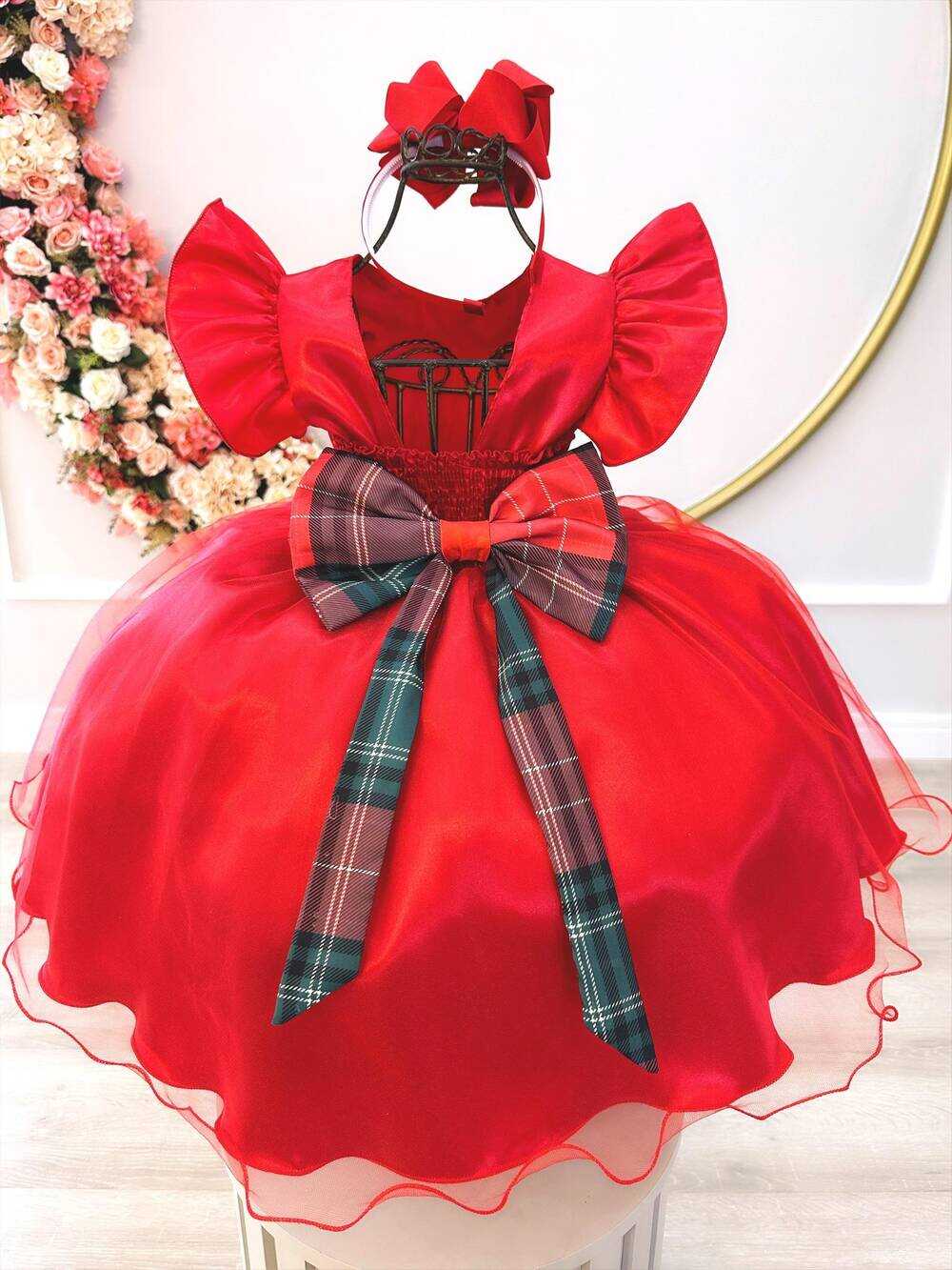 Vestido Infantil Vermelho C/ Broche de Flores Festas Natal