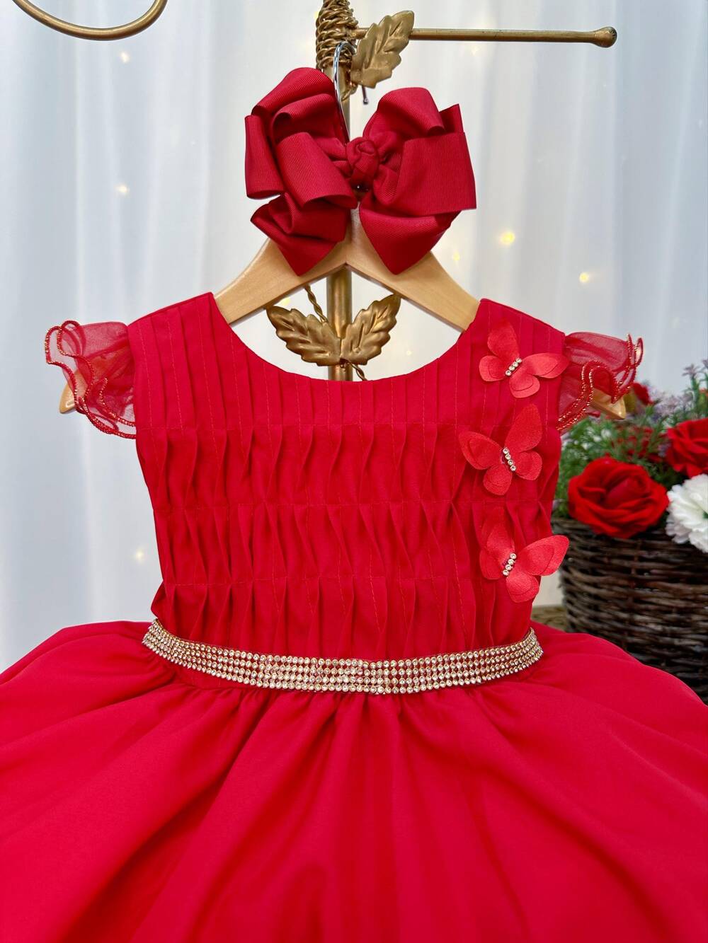 Vestido Infantil Vermelho Busto Plissado Strass Flores Natal