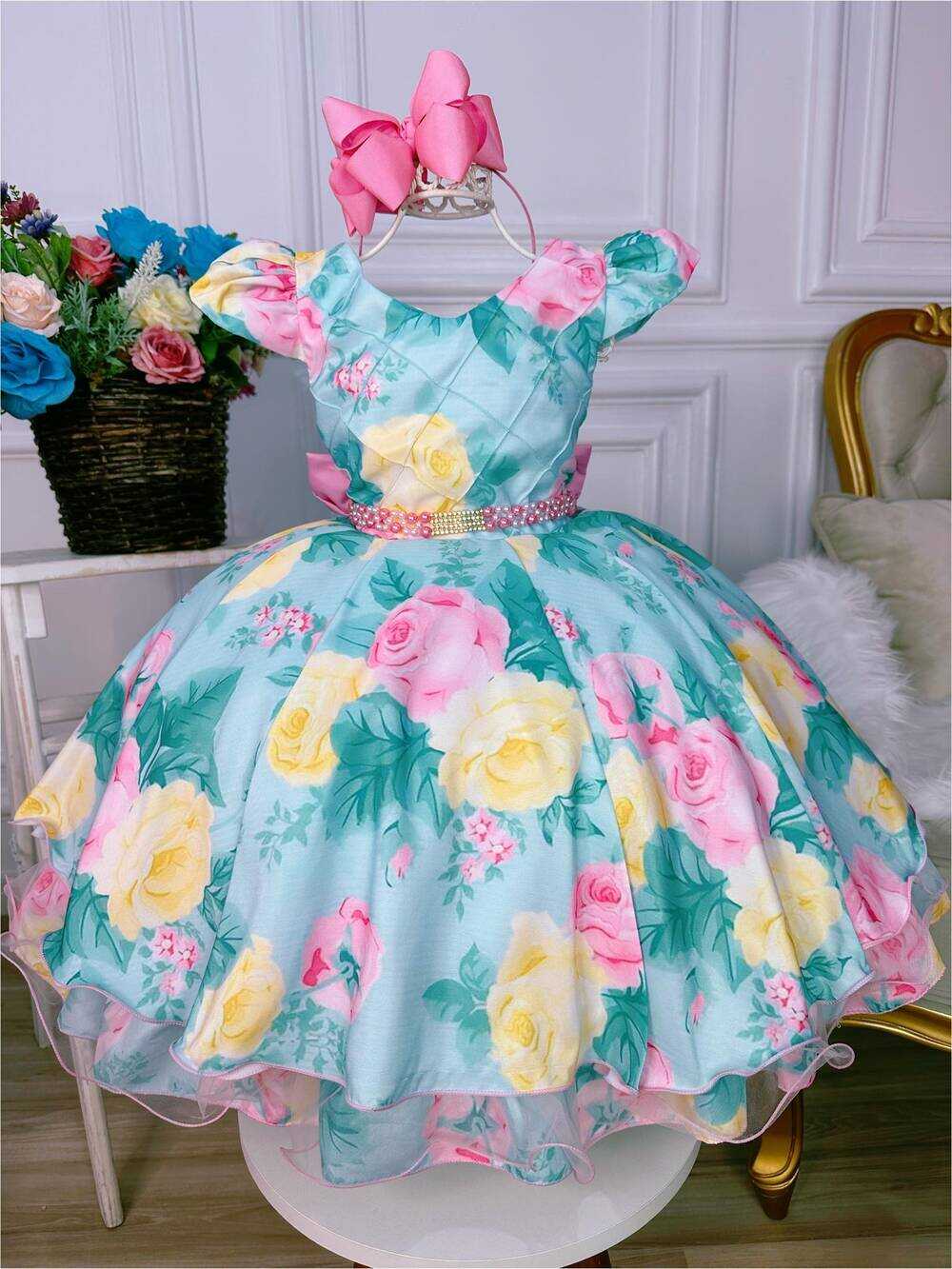 Vestido Infantil Verde Peito Nervura Florido Pérolas Strass