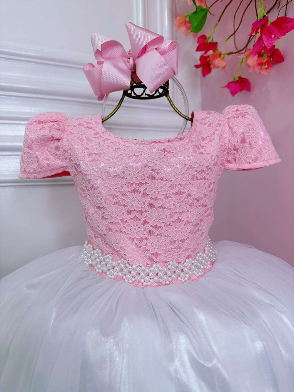 Vestido Infantil Rosa C/ Renda Saia Branca Damas Longo