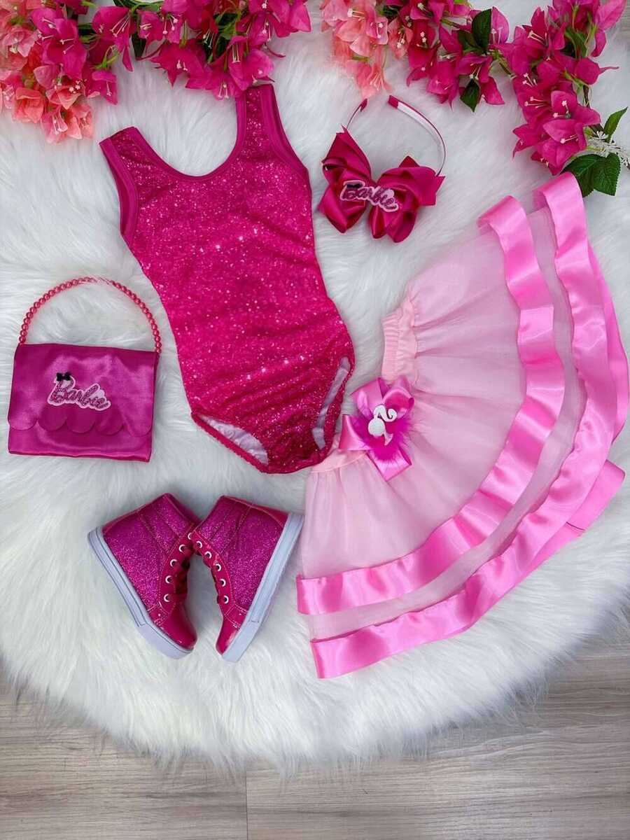 Fantasia Infantil Barbie Pink Body Saia Rosa Com Broche Luxo