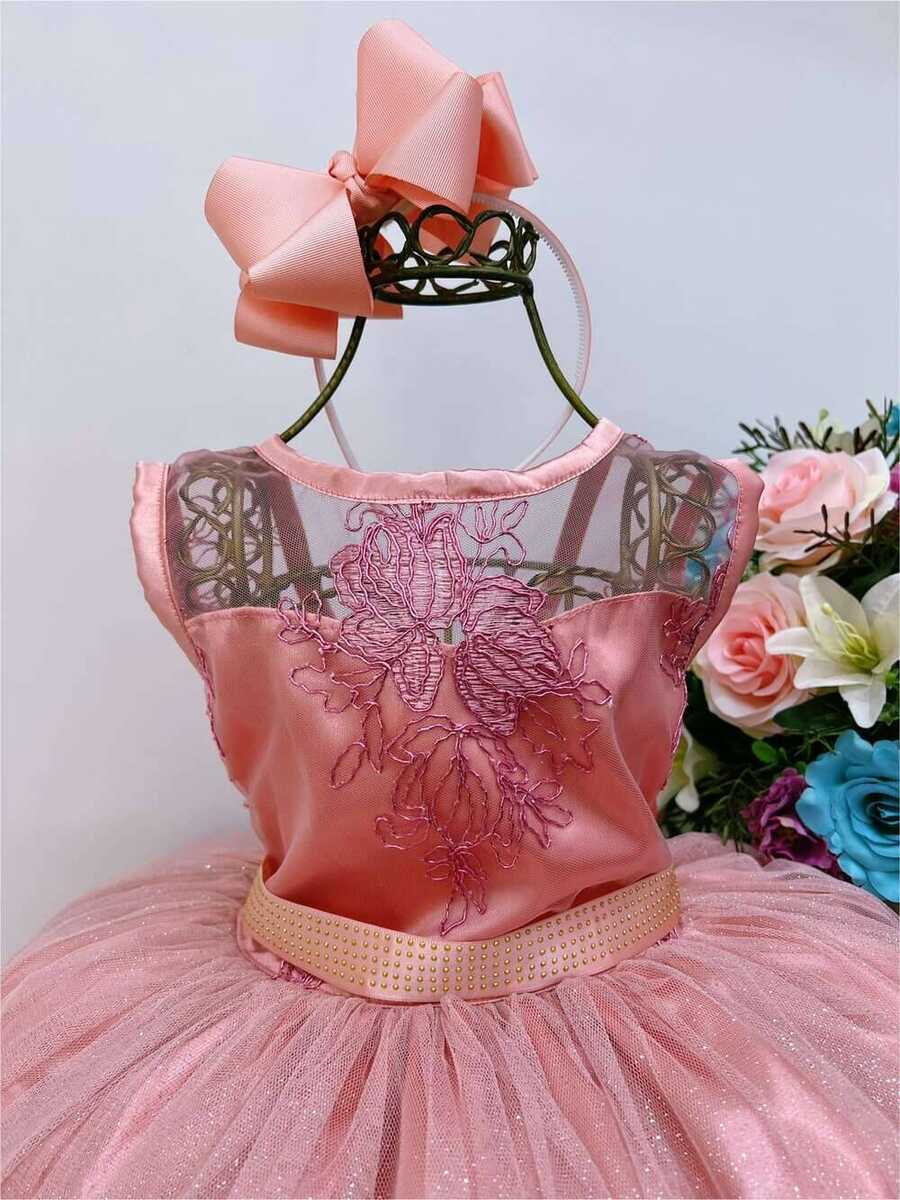 Vestido Infantil Rosé Renda e Tule com Brilho Damas Honra