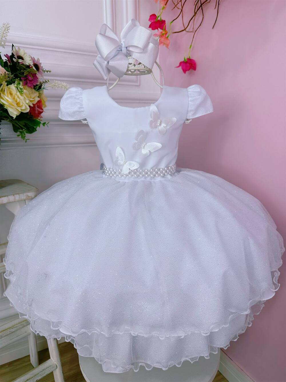 Vestido Infantil Branco C/ Glitter e Aplique de Borboletas