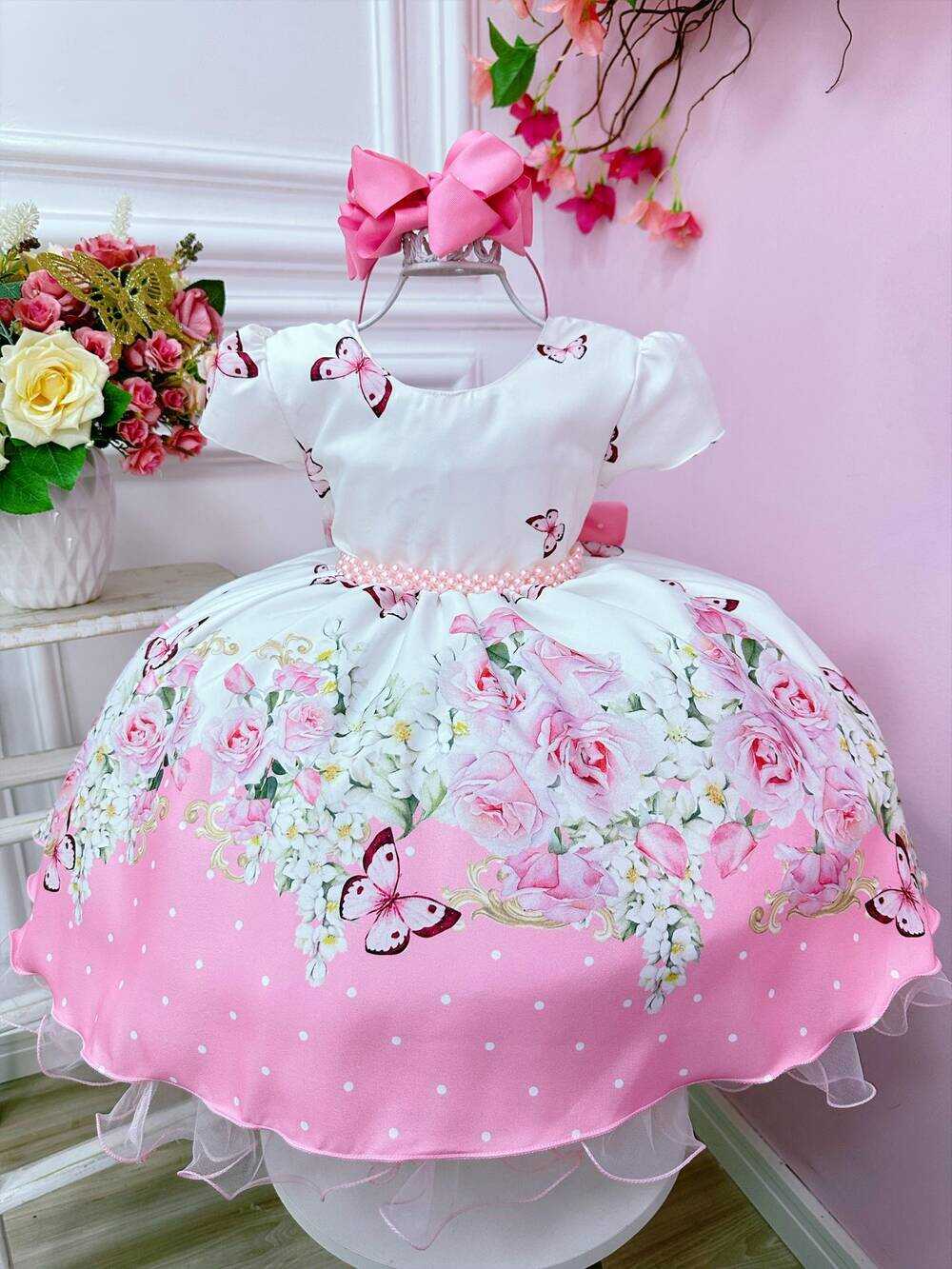 Vestido Infantil Branco Floral Rosa C/ Cinto Pérolas Festas