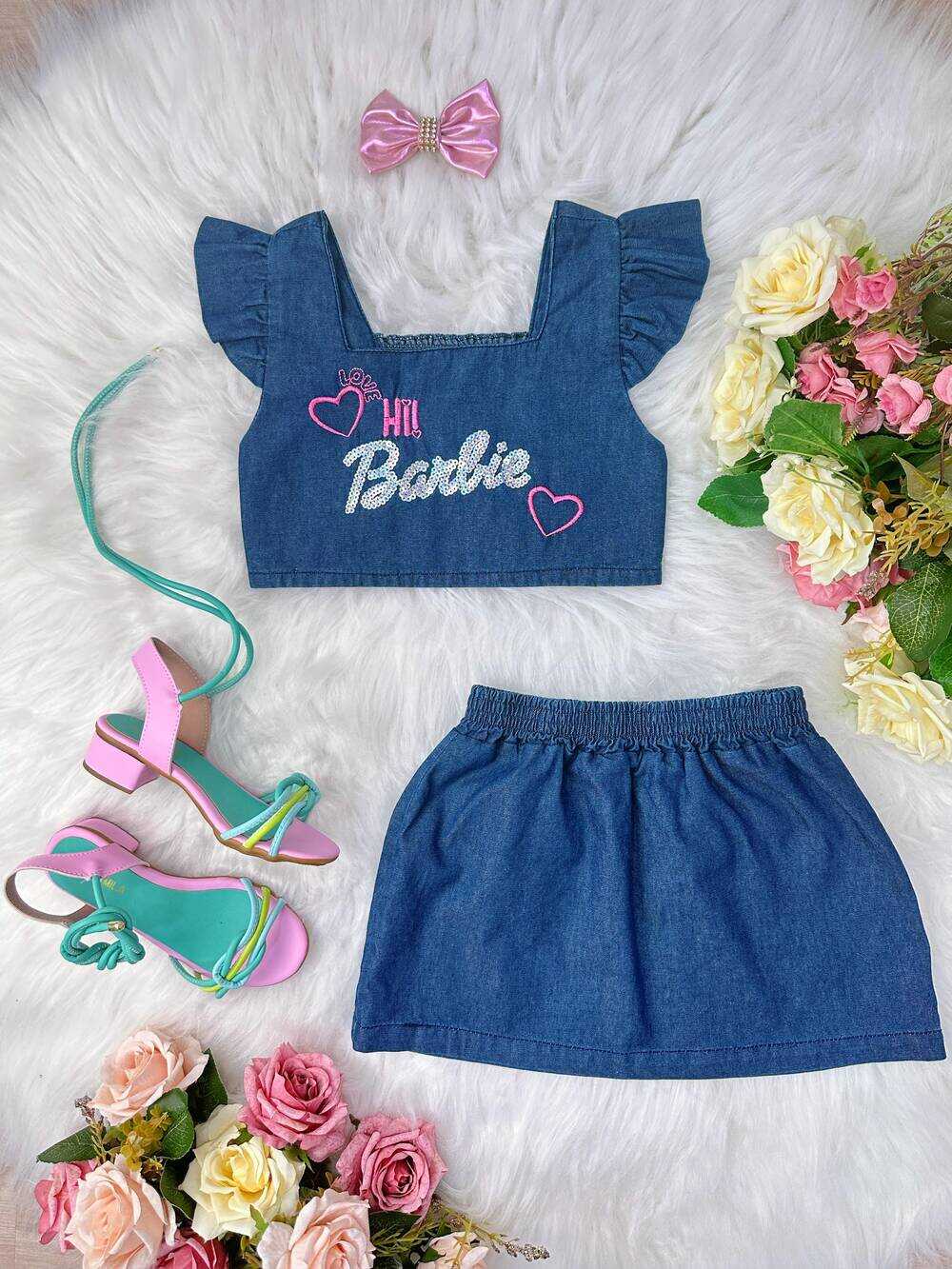 Conjunto Jeans Hi Barbie Com Laço Festas Luxo