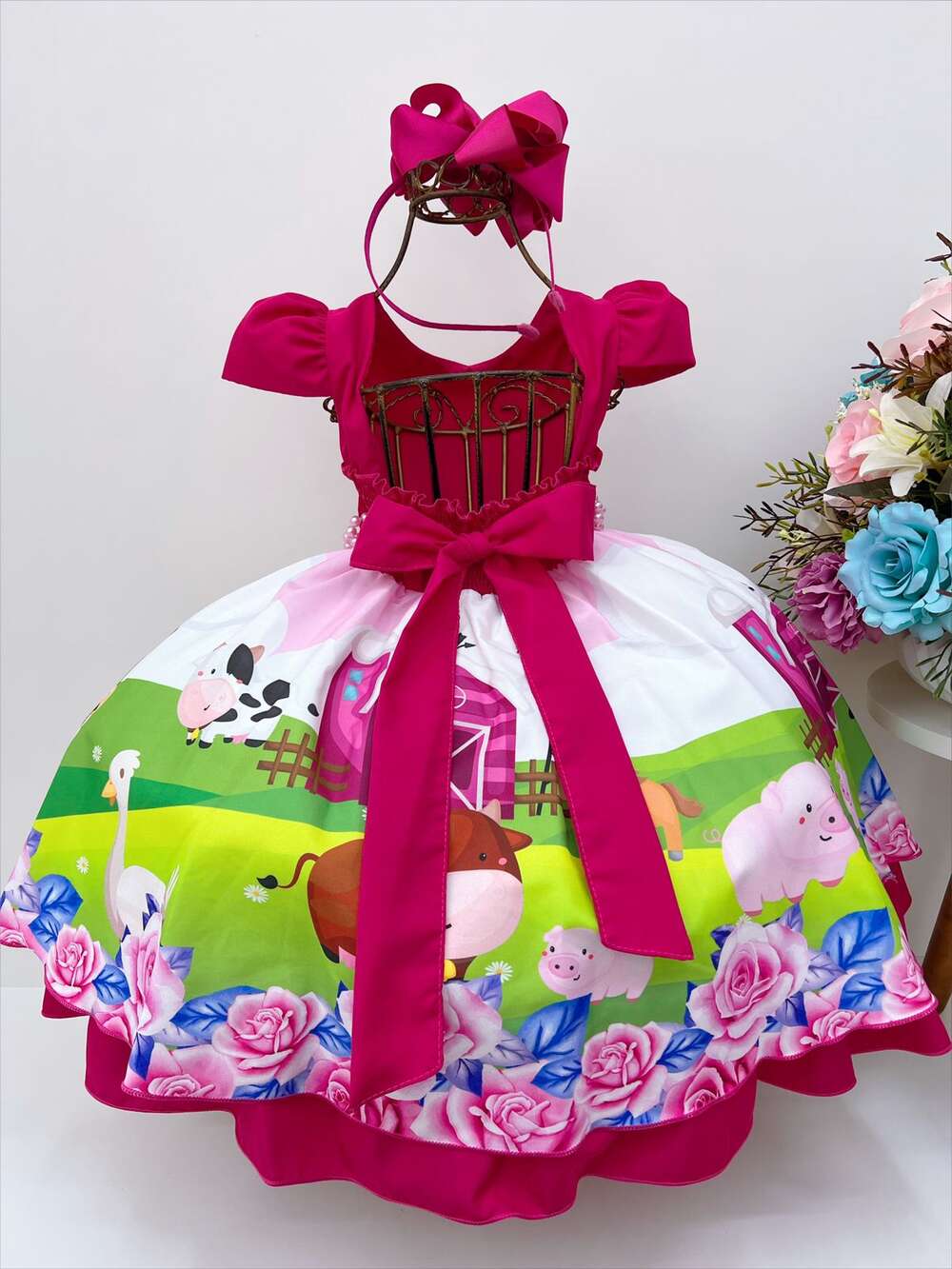 Vestido Infantil Fazendinha Pink Floral C/ Pérolas e Strass