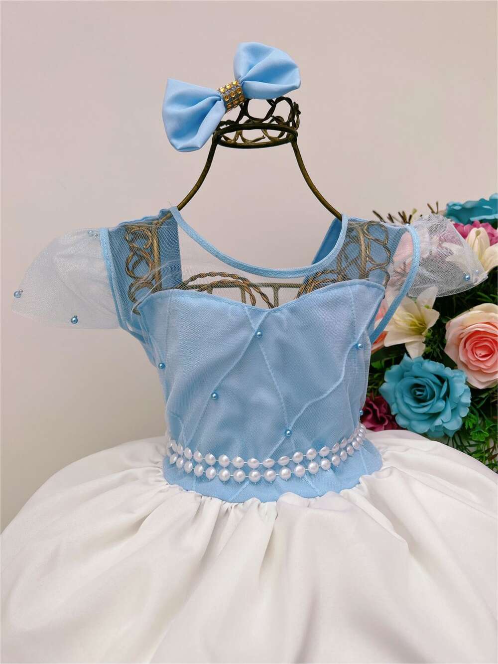 Vestido Infantil Azul Bebê Peito Nervura Saia Off Perolas