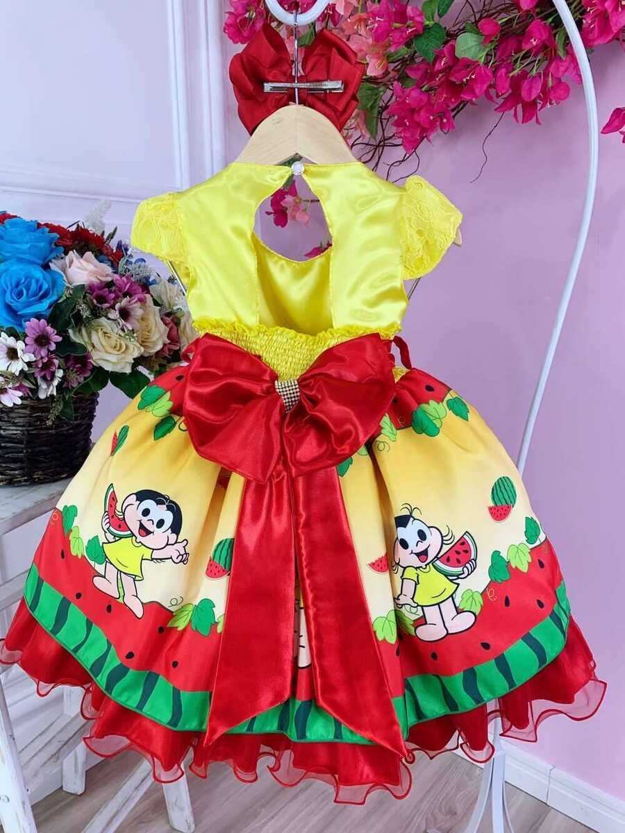 Vestido Infantil Magali Melancias Amarelo C/ Renda Strass