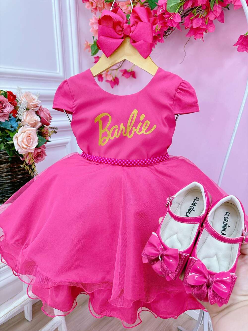 Vestido Infantil Barbie Luxo Pink Com Cinto de Pérolas