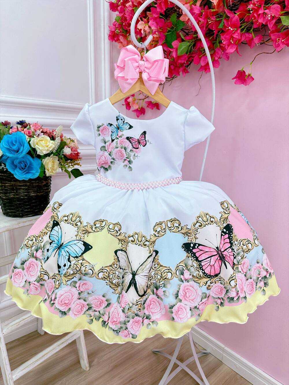 Vestido Infantil Branco Jardim das Borboletas Encantado