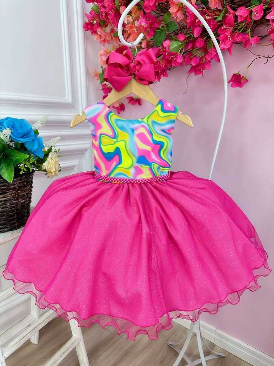 Vestido Infantil Barbie Colorido Neon Saia Pink e Glitter