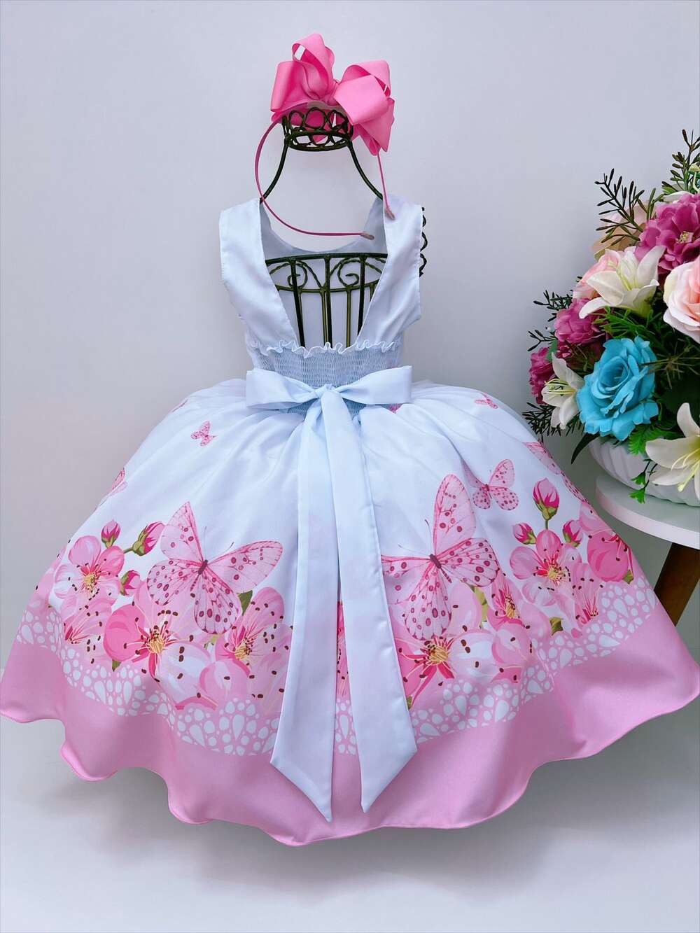 Vestido Infantil Branco Jardim das Borboletas Rosa Luxo