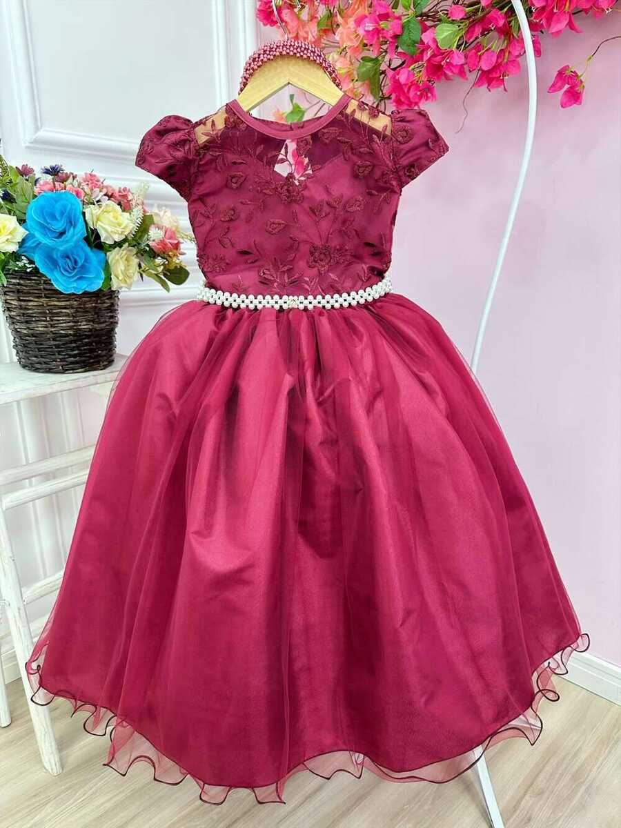 Vestido Infantil Damas Honra Casamento Marsala Renda Pérola