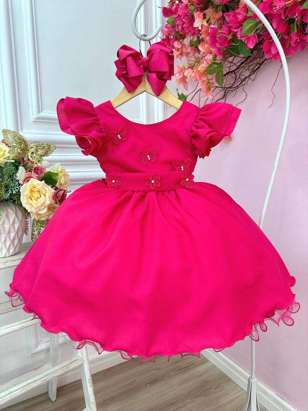 Vestido Infantil Pink Com Apliques de Borboletas e Flores