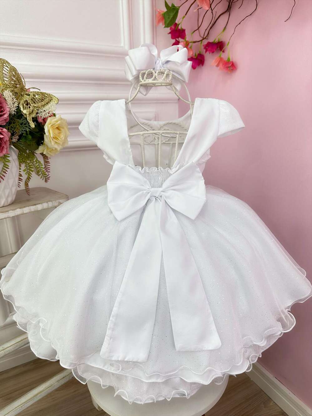 Vestido Infantil Branco Neve Busto Nervura C/ Pérolas Festas