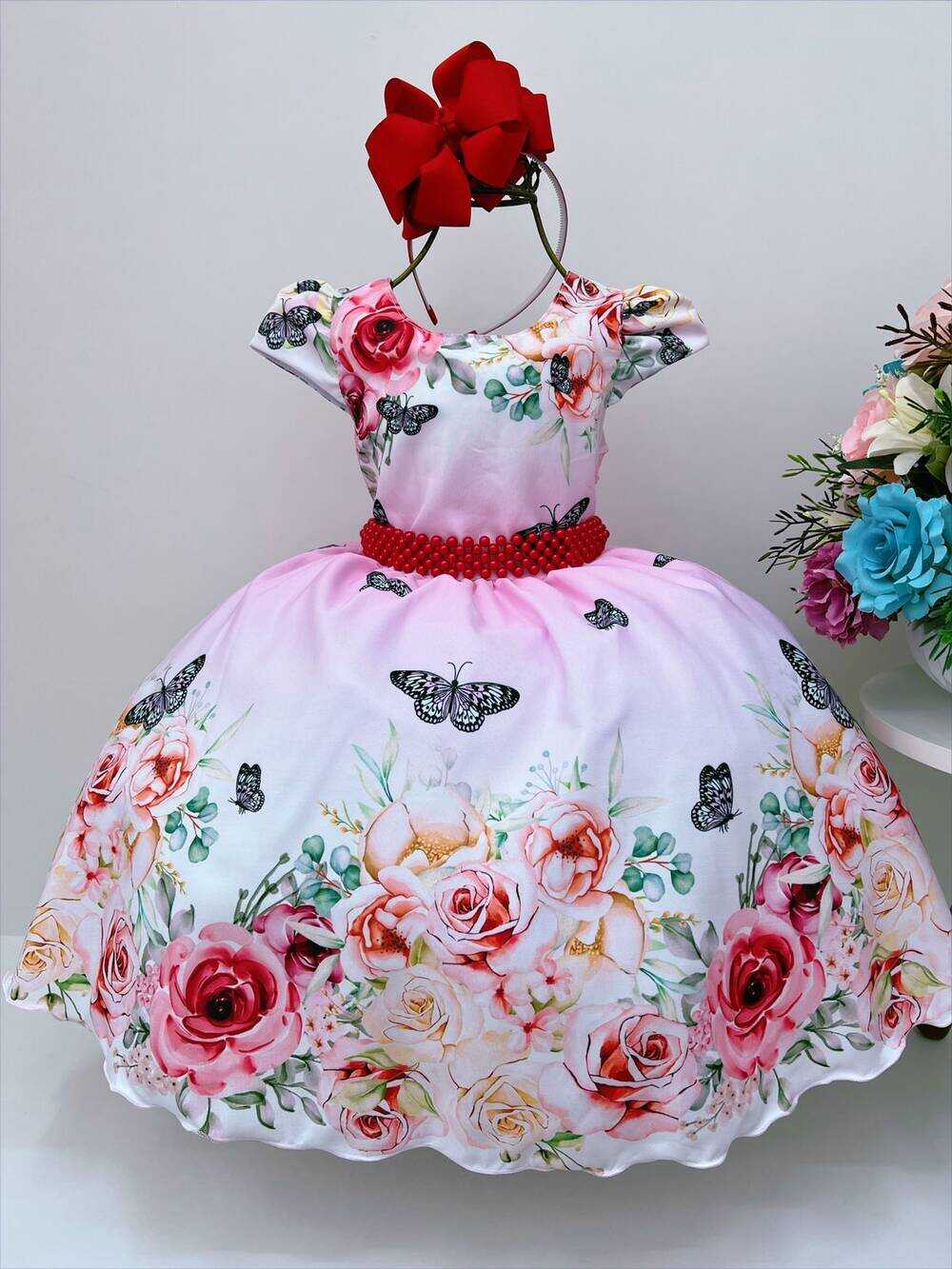 Vestido Infantil Rosa e Branco Borboletas Cinto de Pérolas