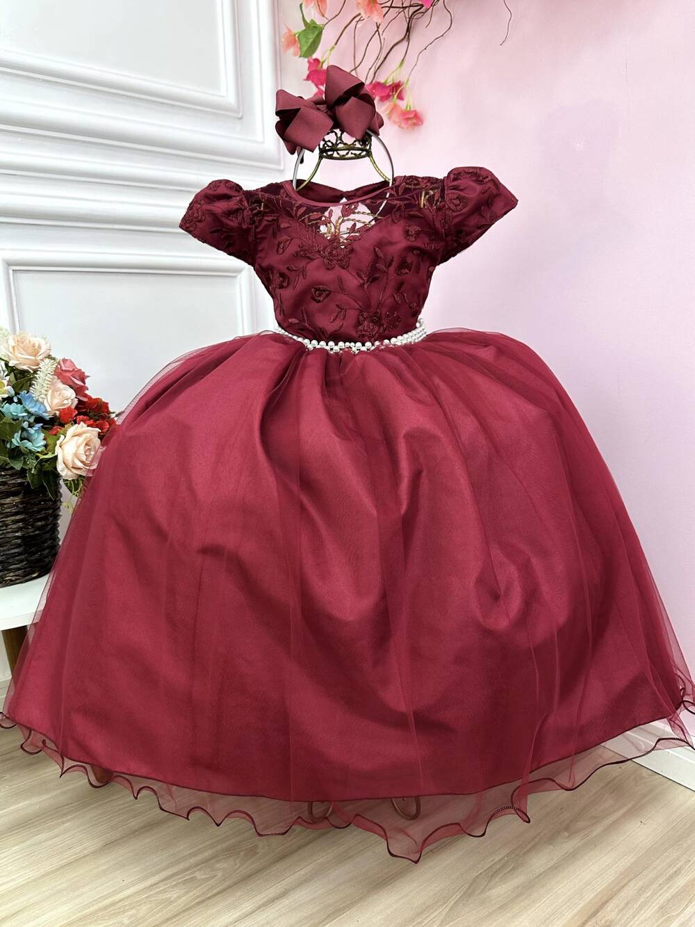 Vestido Infantil Damas Honra Casamento Marsala Renda Pérola