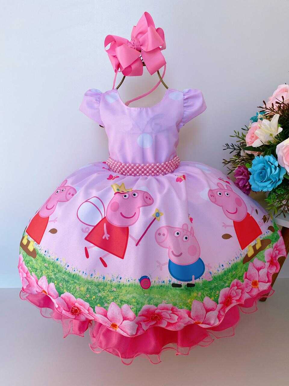 Vestido Infantil Peppa Pig Rosa Flores Cinto de Pérolas Luxo