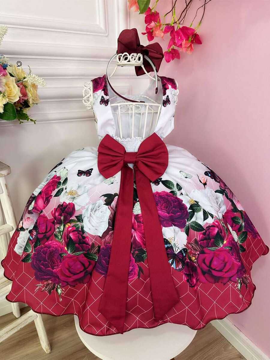 Vestido Infantil Branco Marsala Jardim das Borboletas Luxo