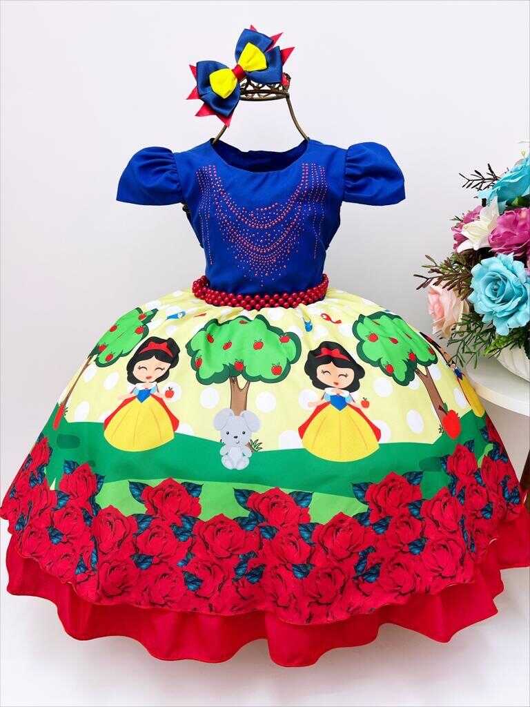 Vestido Infantil Branca de Neve Cinto Pérolas Bico de Pato