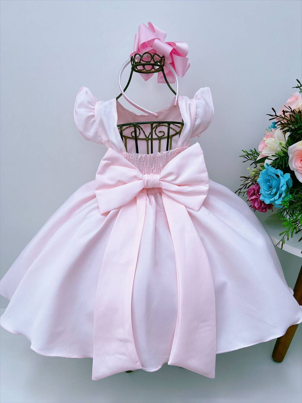 Vestido Infantil Rosa C/ Aplique de Borboletas Pérolas Luxo