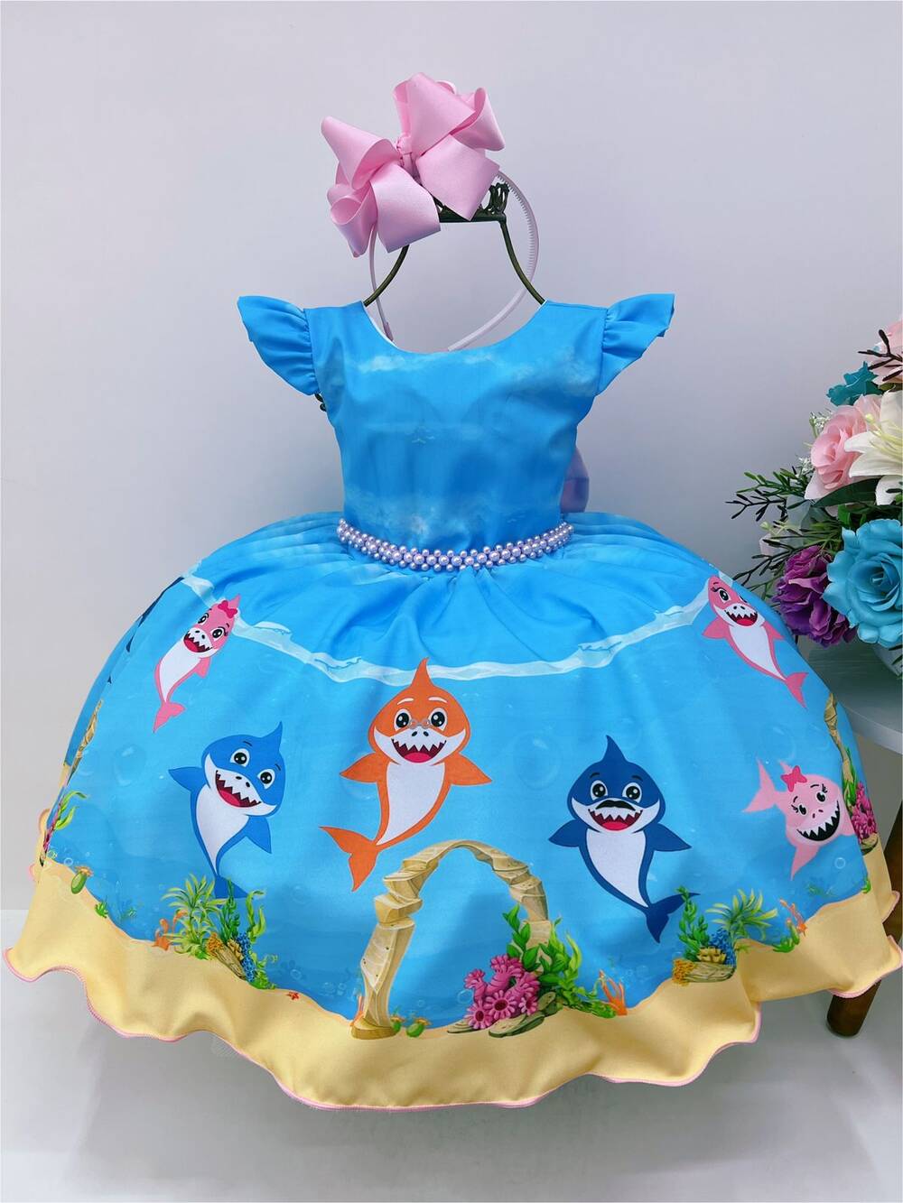 Vestido Infantil Baby Shark Azul Com Cinto de Pérolas