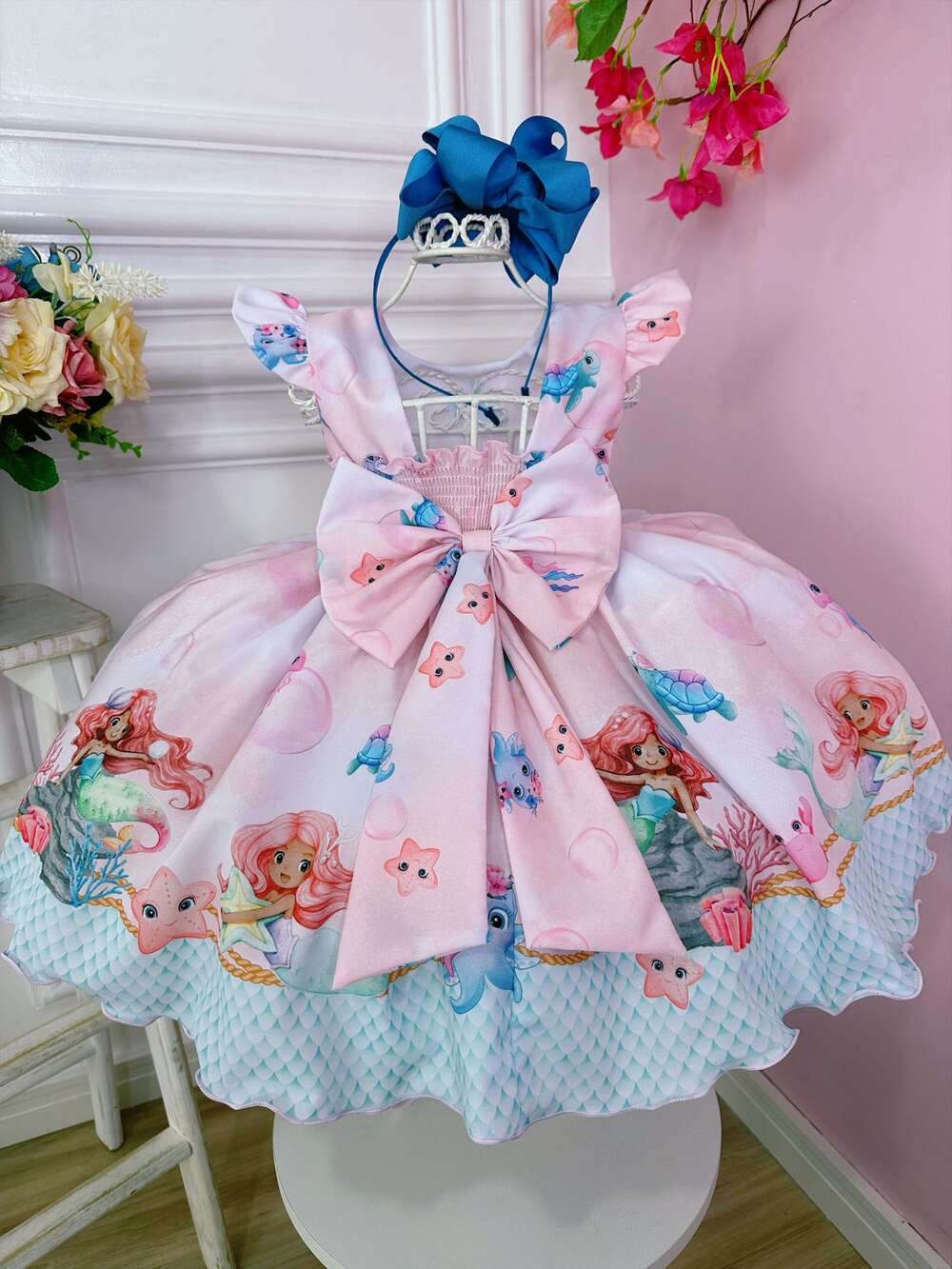 Vestido Infantil Princesa Sereia Ariel e Amigos C/ Pérolas