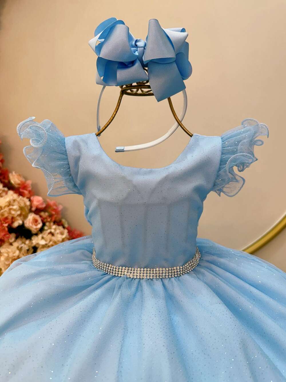 Vestido Infantil Azul Bebê Luxo C/ Cinto de Strass