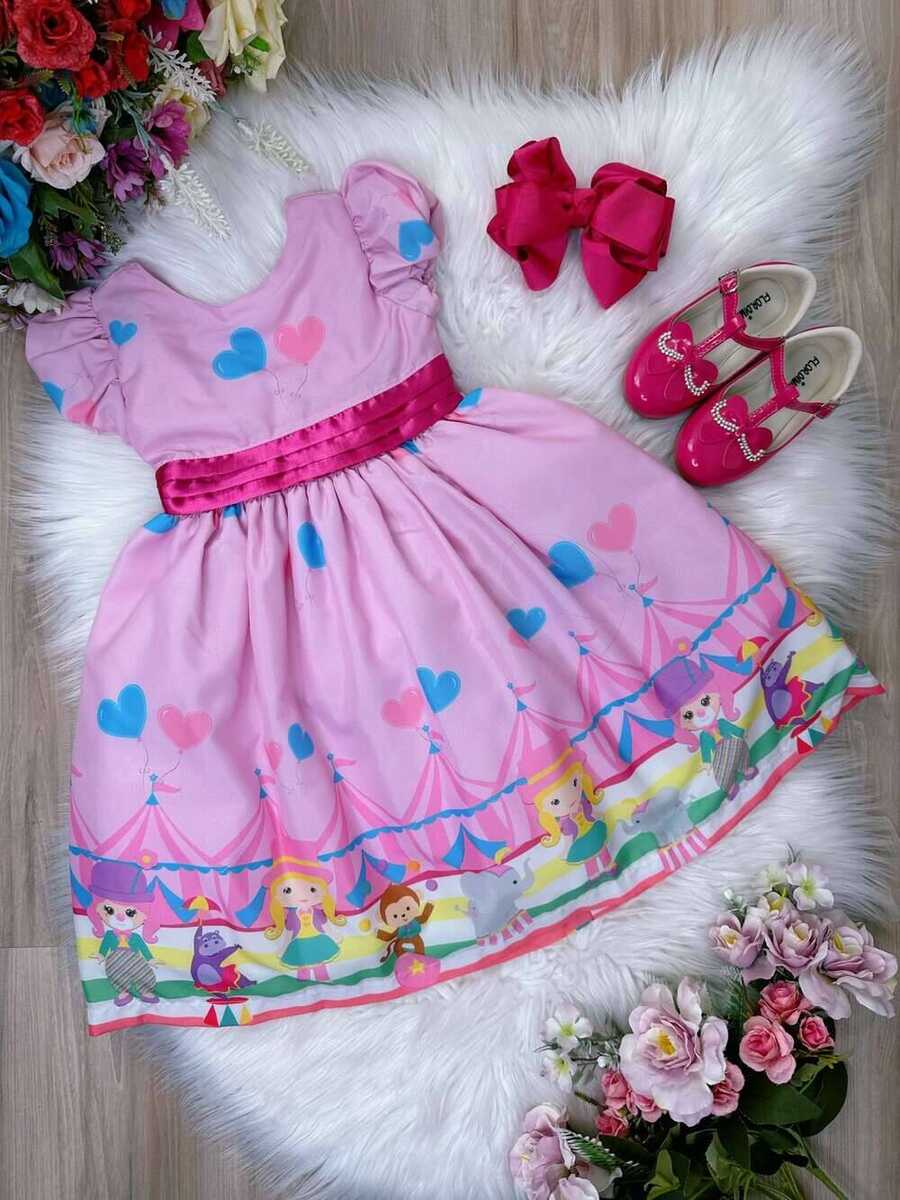 Vestido Infantil Rosa Circo Corações Laço Pink Super Luxo