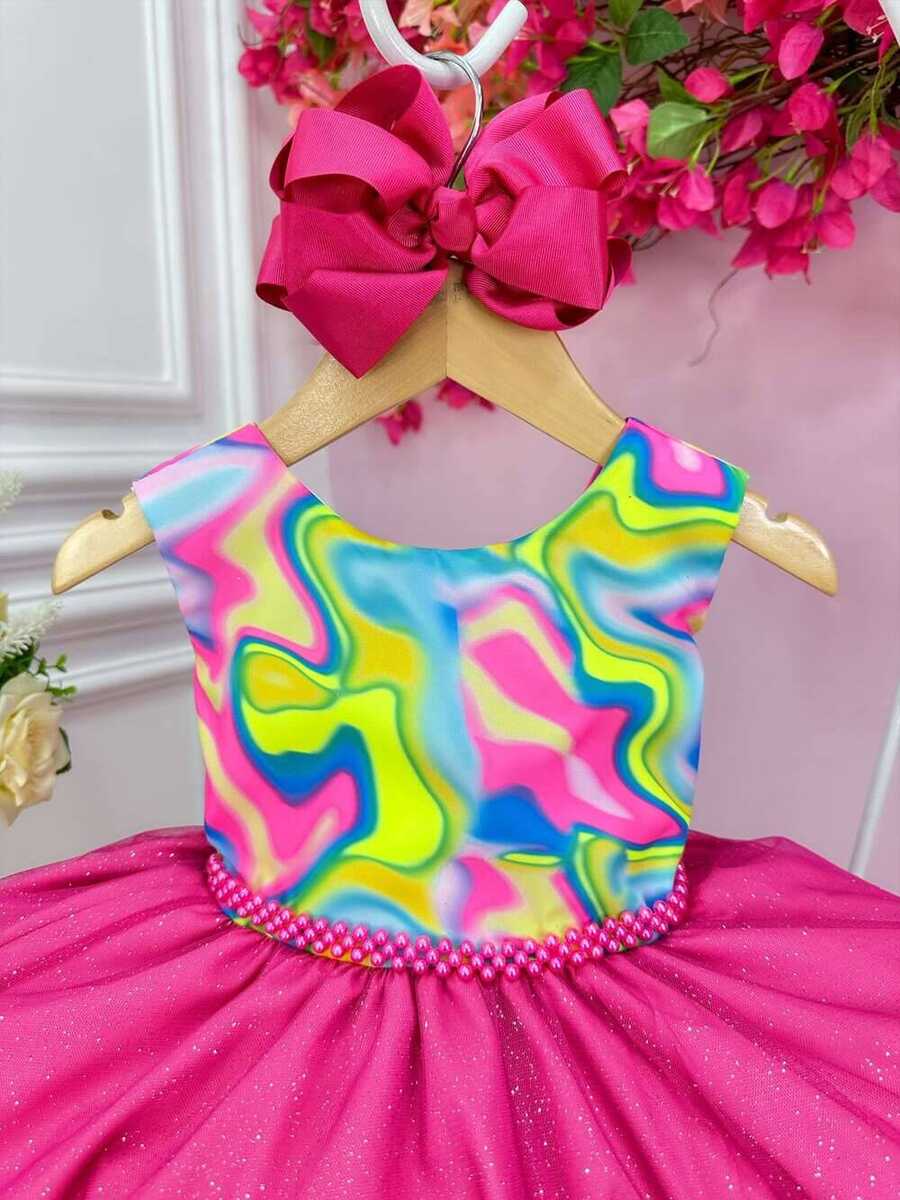 Vestido Infantil Barbie Colorido Neon Saia Pink e Glitter