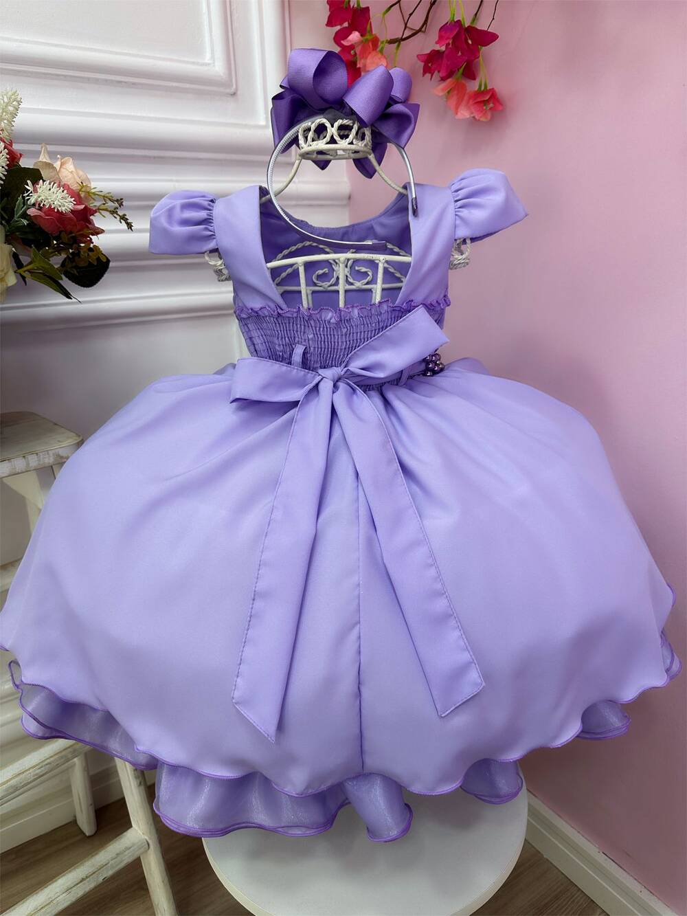 Vestido Infantil Lilás C/ Cinto de Pérolas Casamento Luxo