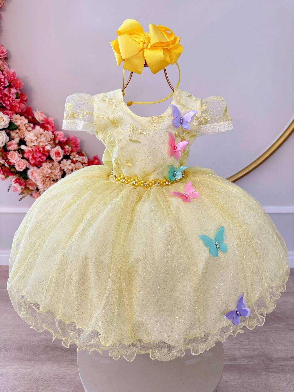 Vestido Infantil Jardim Encantado Amarelo Aplique Borboletas