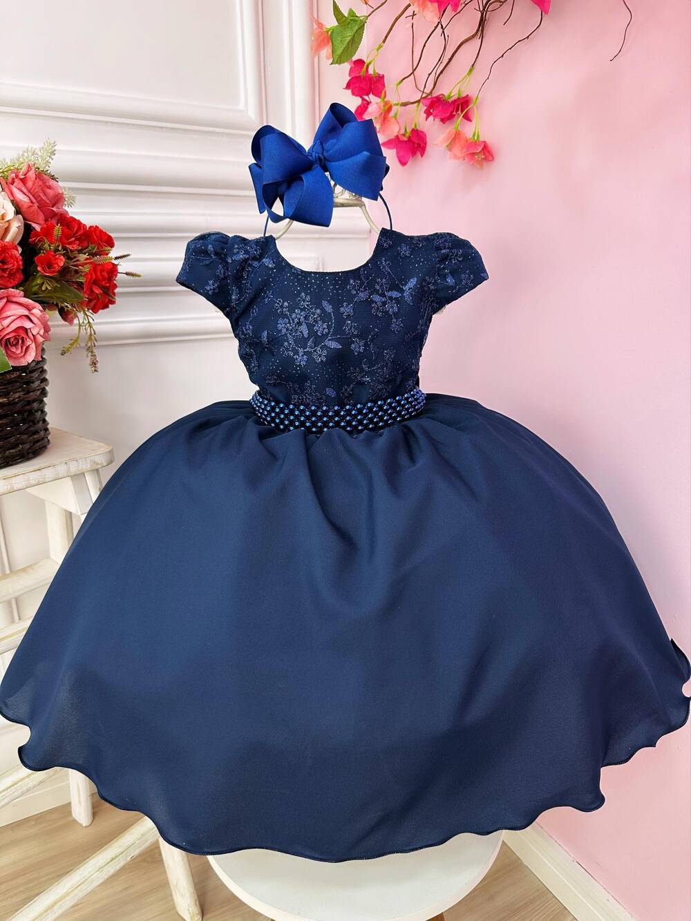 Vestido Infantil Azul Marinho Busto C/ Renda e Cinto Pérolas