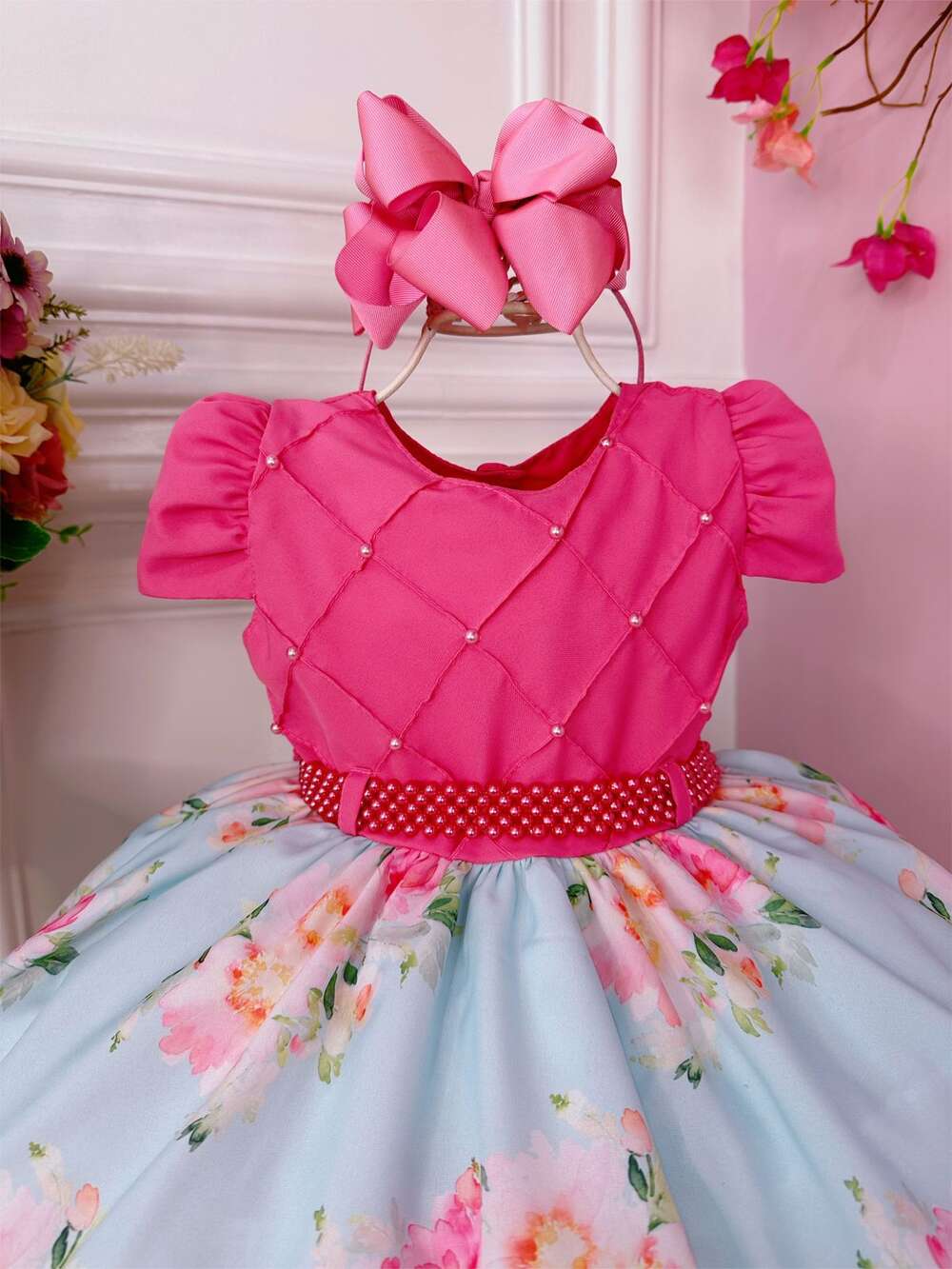 Vestido Infantil Rosa Chiclete Peito Nervura Florido Pérolas