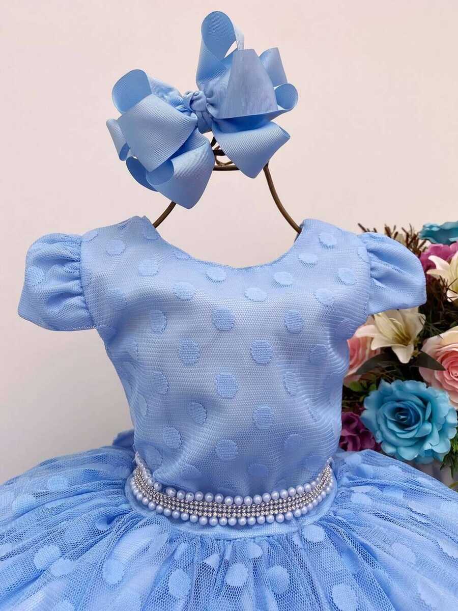 Vestido Infantil Azul Bolinhas Cinto Strass C/ Pérolas Luxo