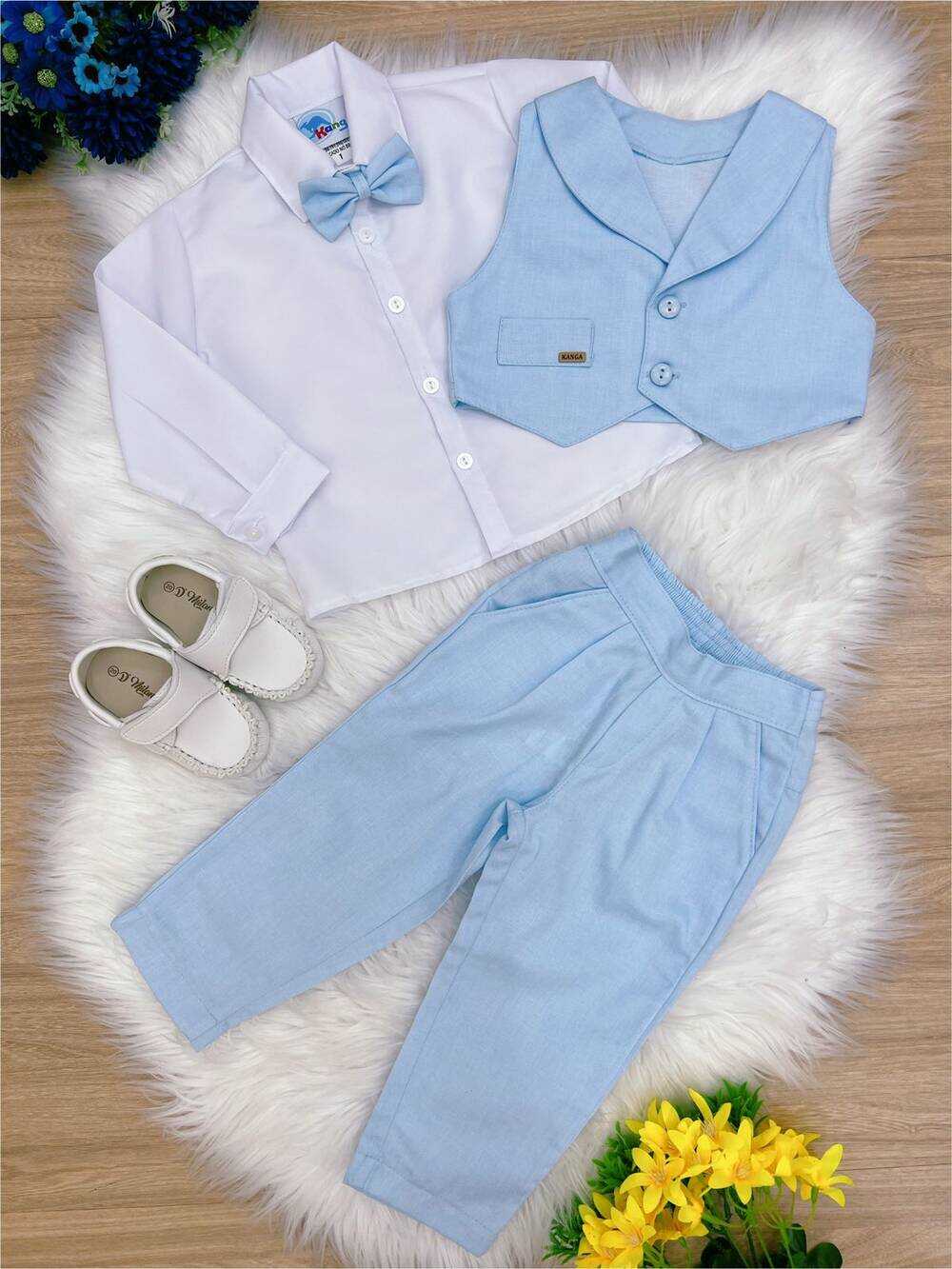 Conjunto Social Camisa Branca e Calça Colete Gravata Azul