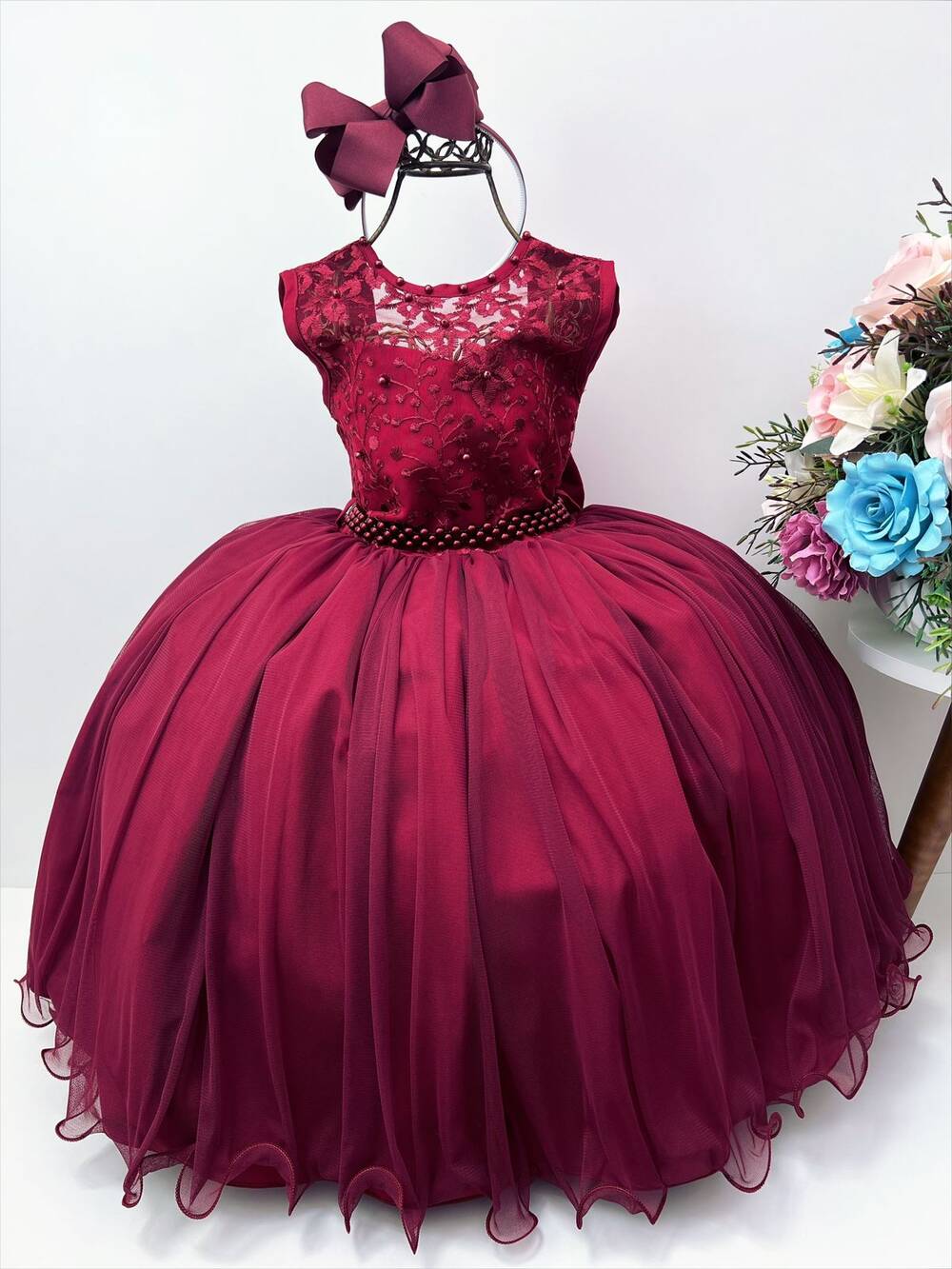 Vestido Infantil Marsala C/ Renda Cinto de Pérolas Damas