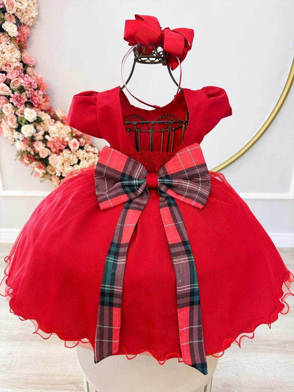 Vestido Infantil Vermelho C/ Broche de Flores Natal Festas