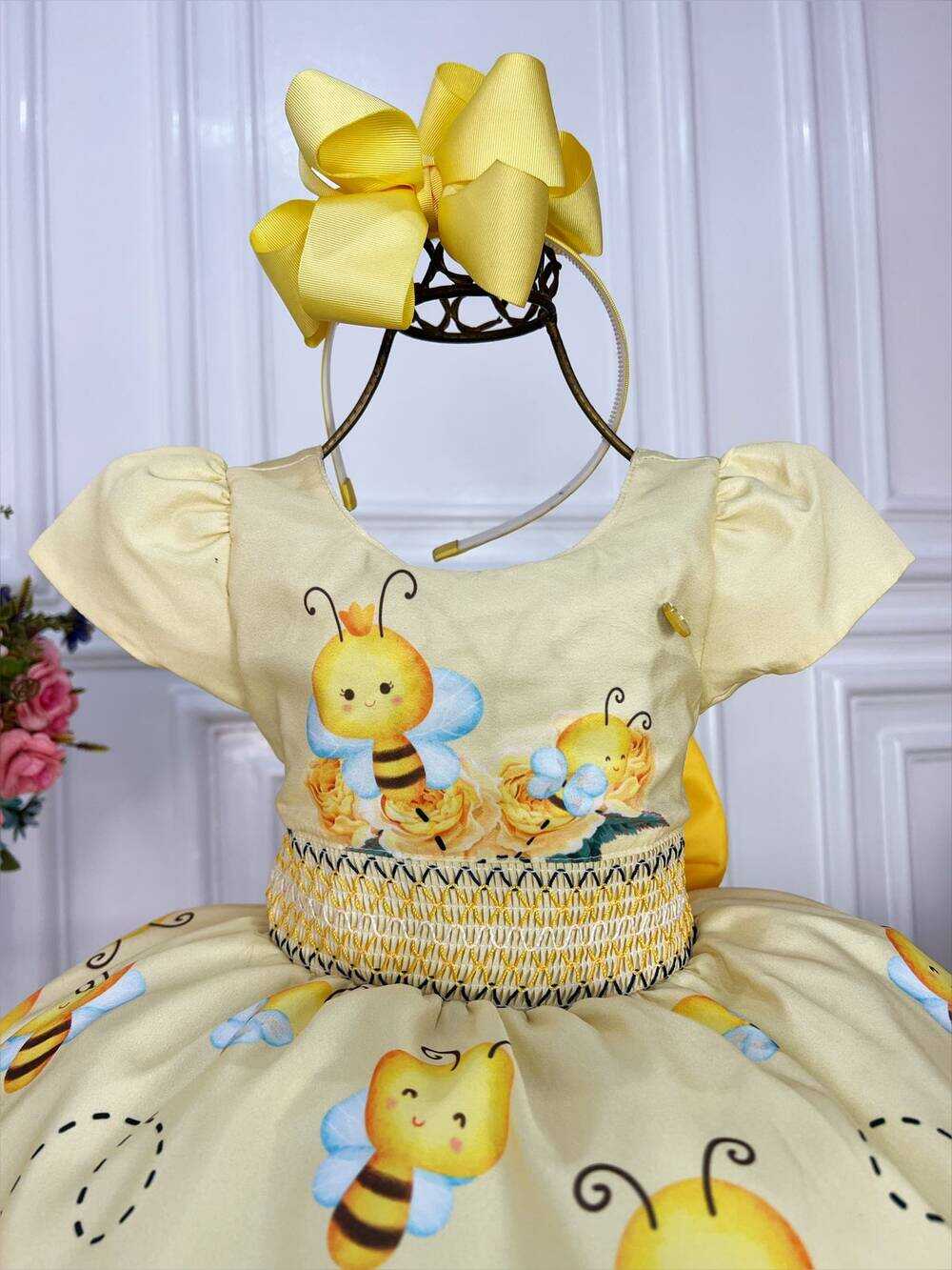 Vestido Infantil Amarelo Abelhinha Mel Florido